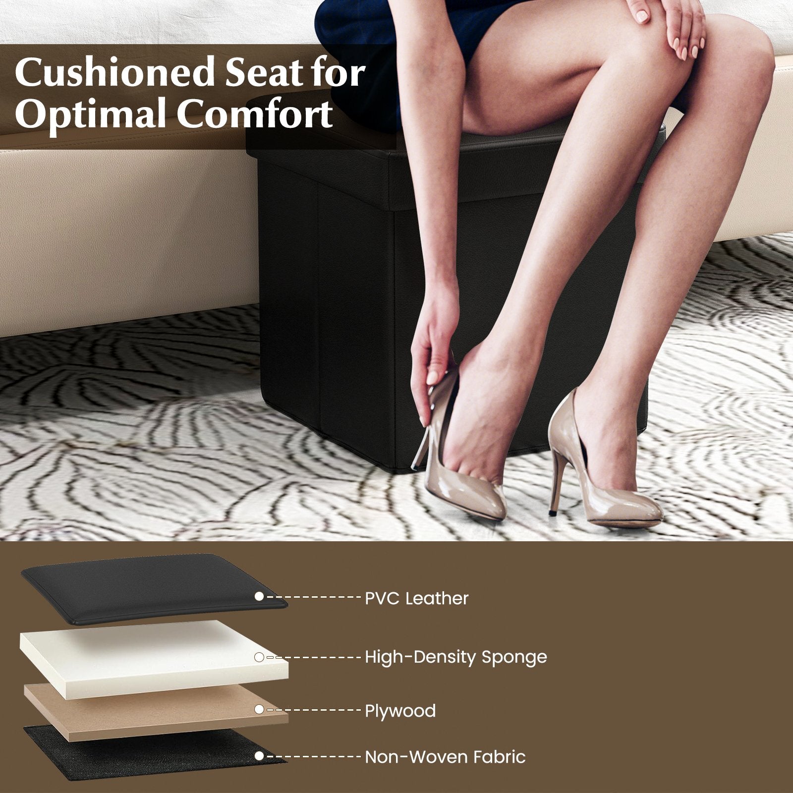 Upholstered Square Footstool with PVC Leather Surface for Bedroom, Black Shoe Racks & Storage Benches   at Gallery Canada