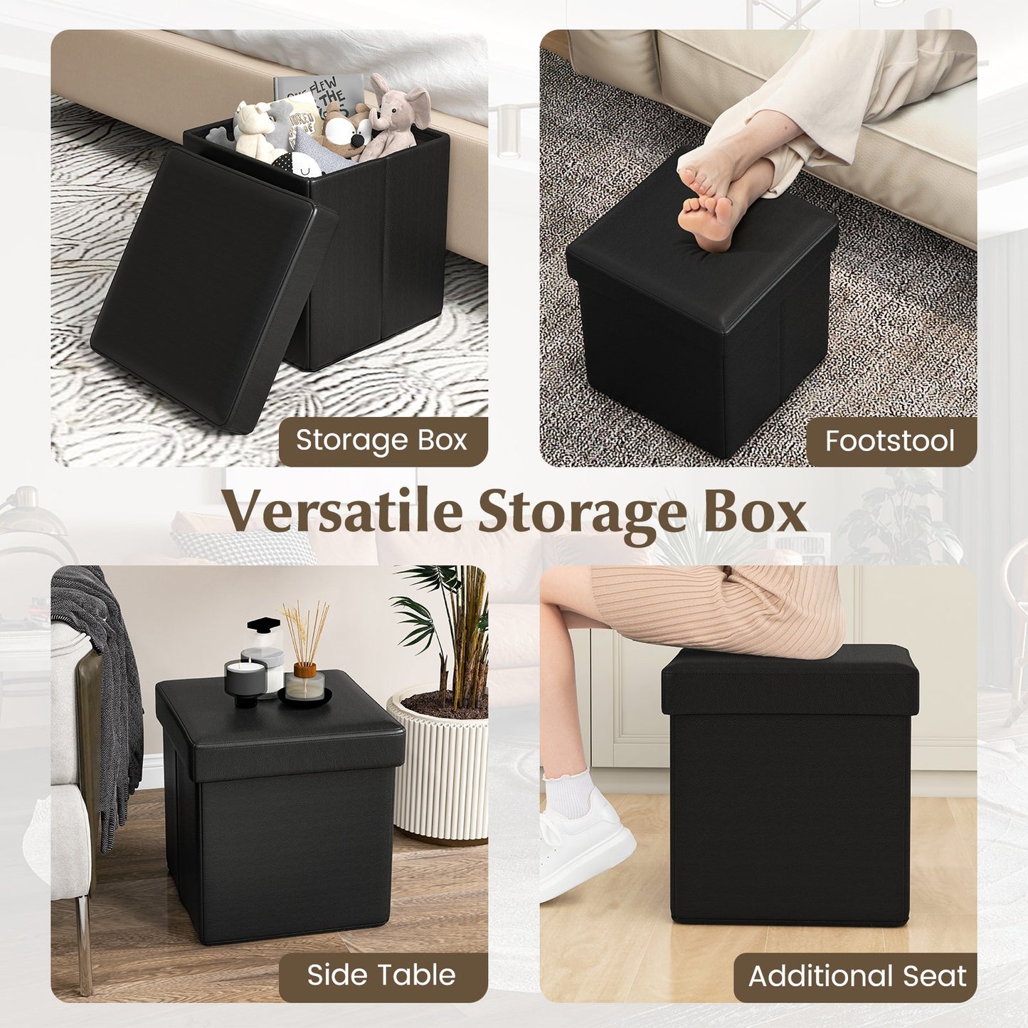 Upholstered Square Footstool with PVC Leather Surface for Bedroom, Black - Gallery Canada