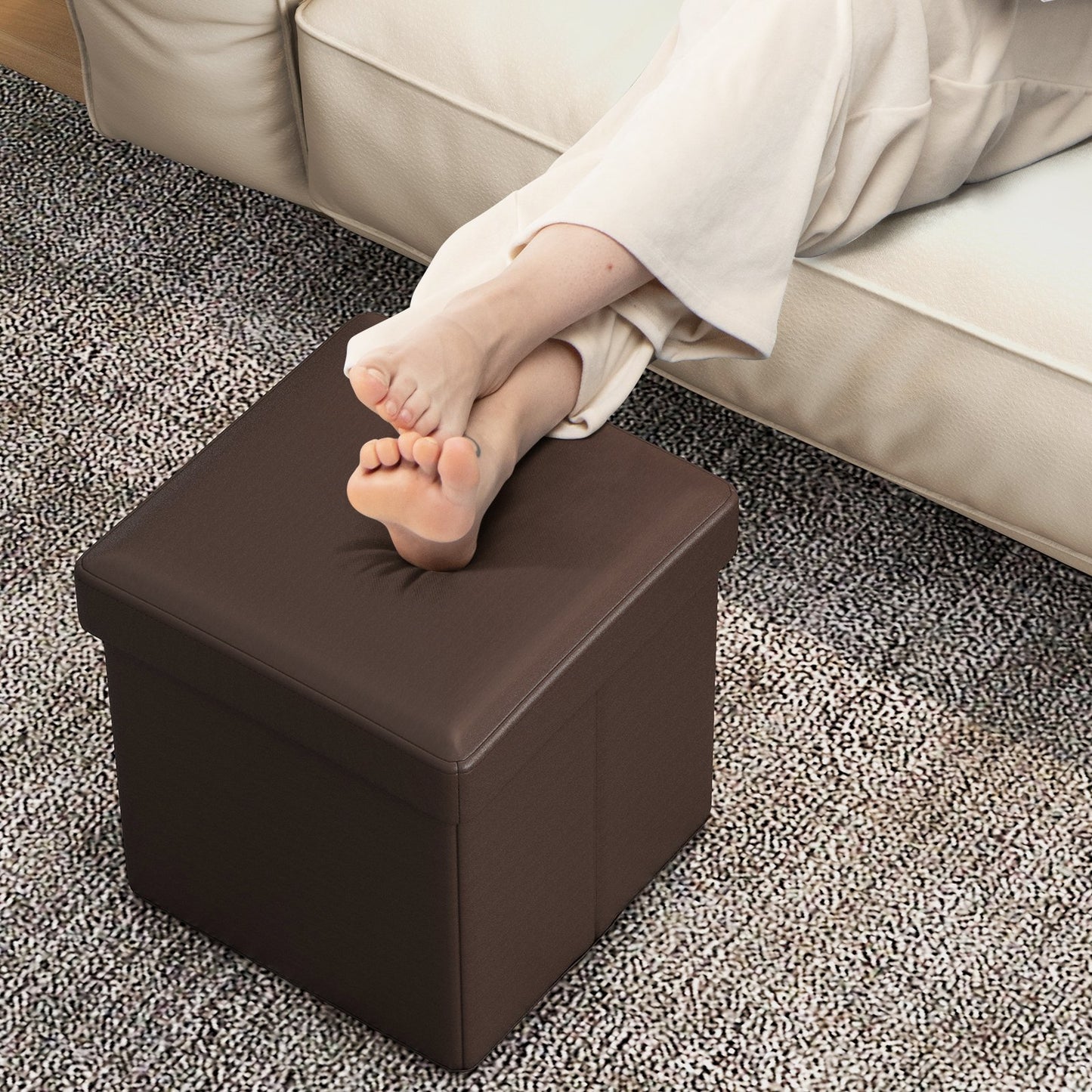 Upholstered Square Footstool with PVC Leather Surface for Bedroom, Brown Shoe Racks & Storage Benches   at Gallery Canada