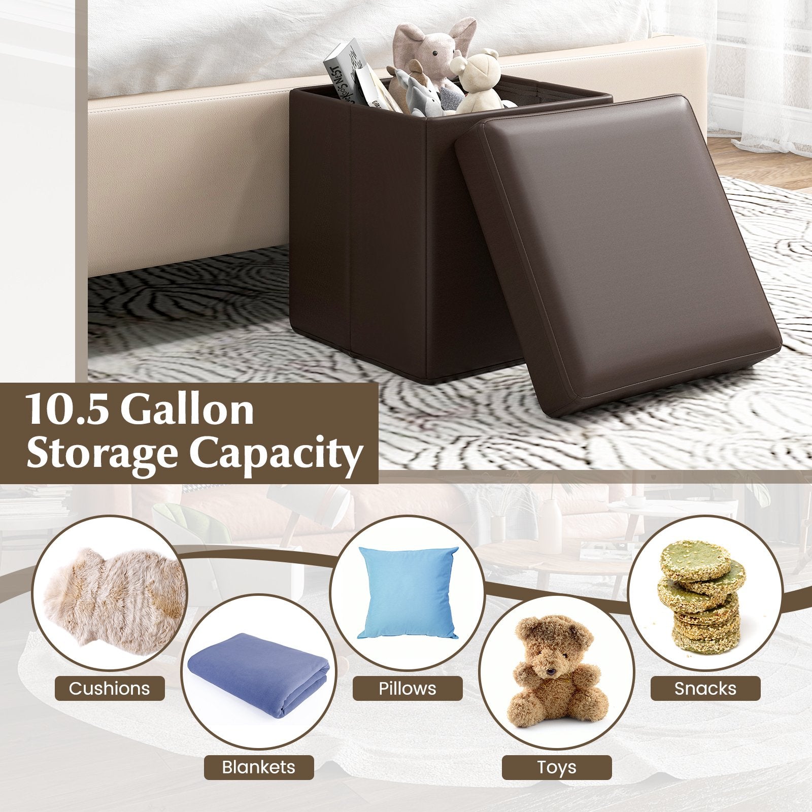 Upholstered Square Footstool with PVC Leather Surface for Bedroom, Brown Shoe Racks & Storage Benches   at Gallery Canada