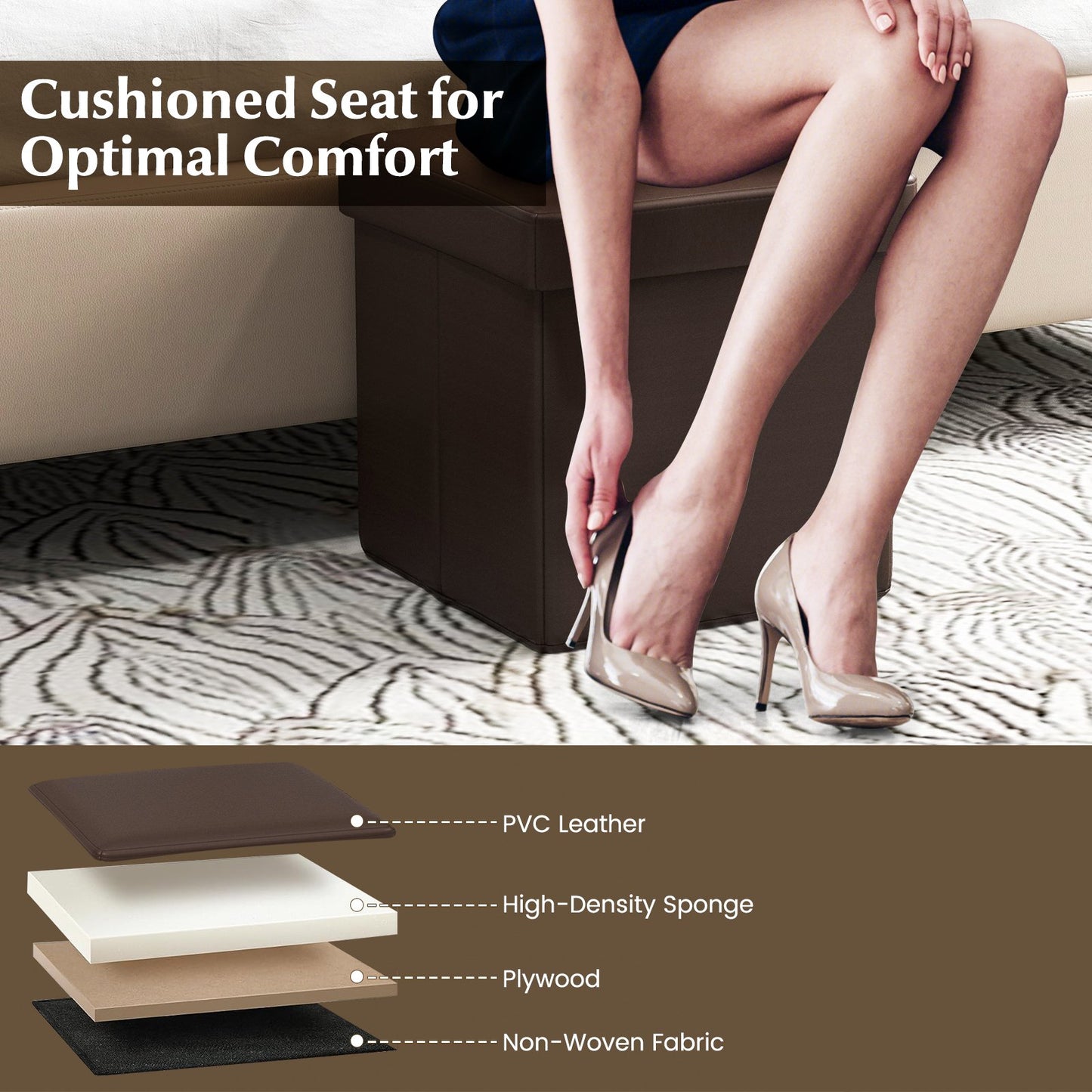 Upholstered Square Footstool with PVC Leather Surface for Bedroom, Brown Shoe Racks & Storage Benches   at Gallery Canada