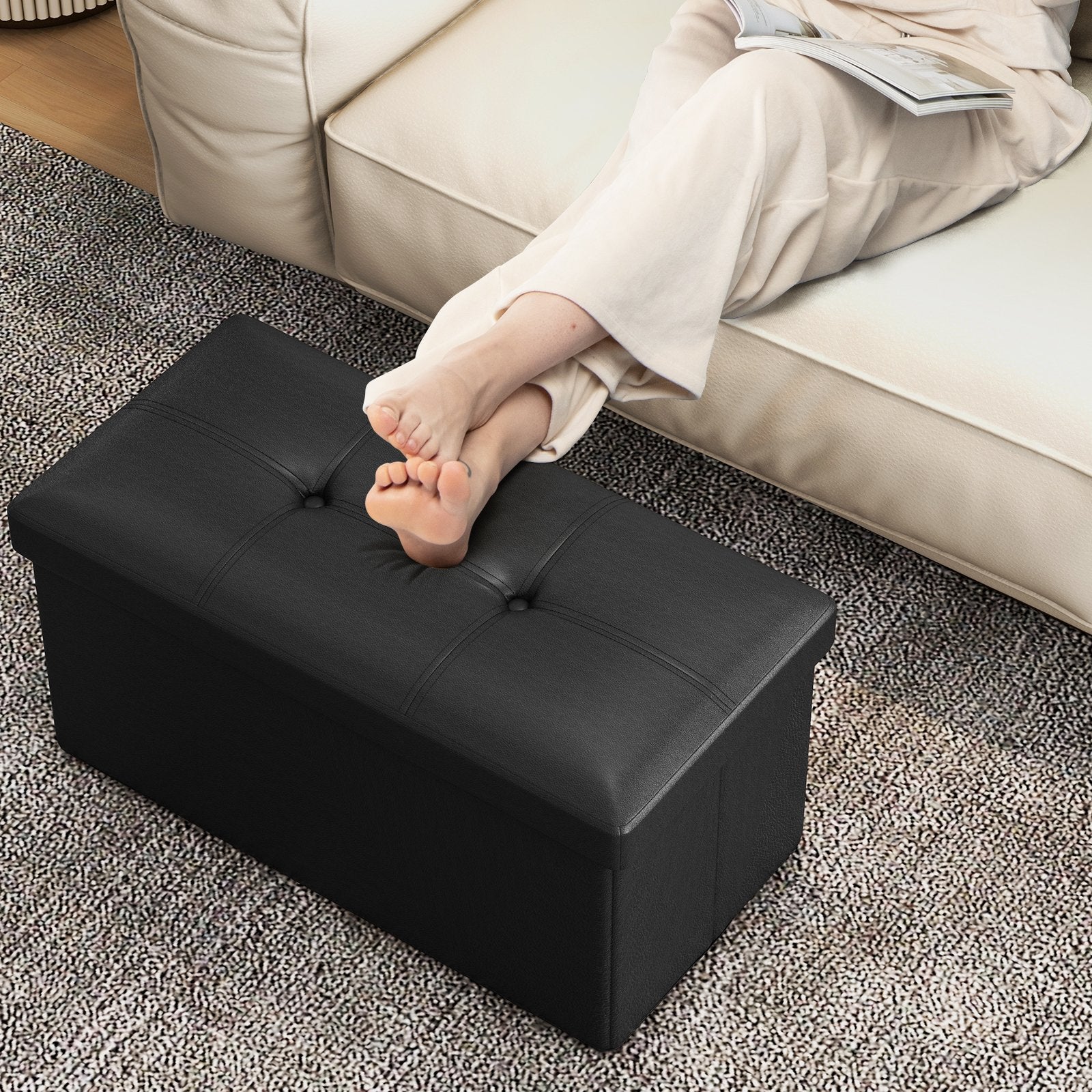 Upholstered Rectangle Footstool with PVC Leather Surface and Storage Function, Black Shoe Racks & Storage Benches   at Gallery Canada