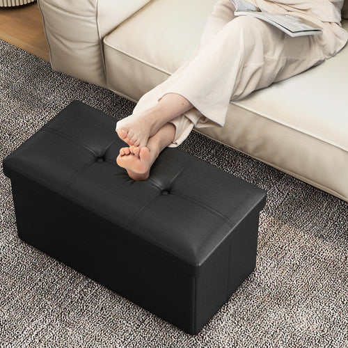 Upholstered Rectangle Footstool with PVC Leather Surface and Storage Function, Black