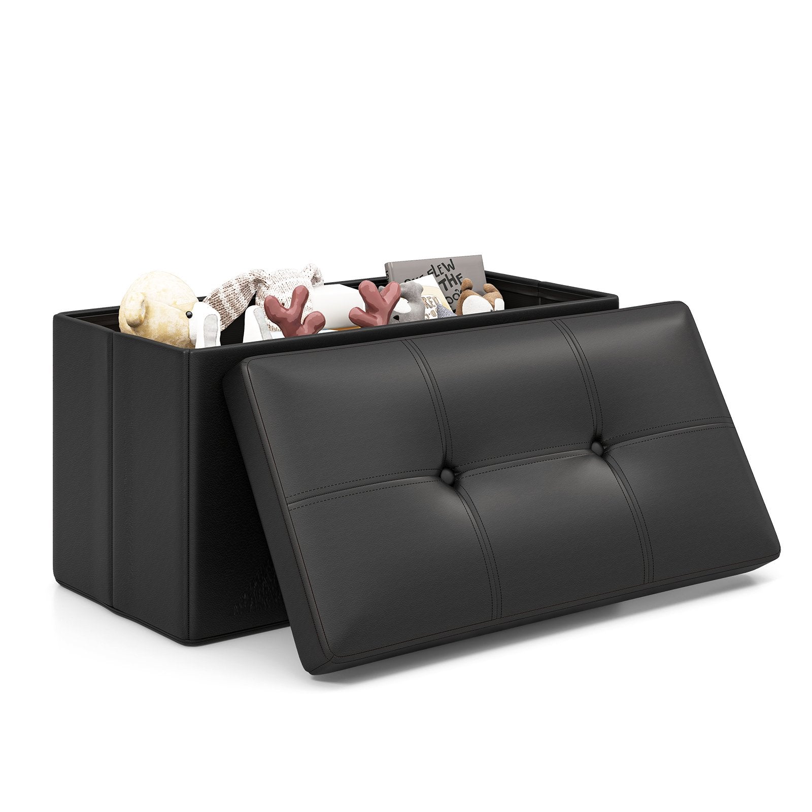 Upholstered Rectangle Footstool with PVC Leather Surface and Storage Function, Black Shoe Racks & Storage Benches   at Gallery Canada