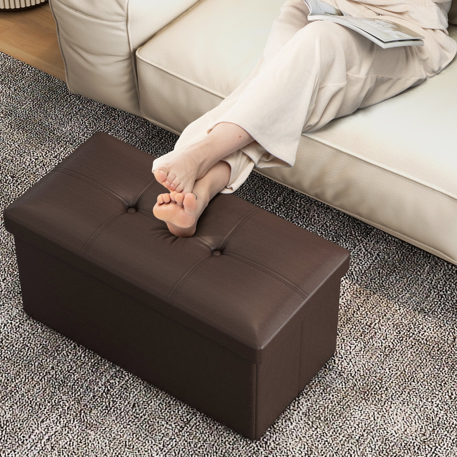 Upholstered Rectangle Footstool with PVC Leather Surface and Storage Function, Brown Shoe Racks & Storage Benches   at Gallery Canada