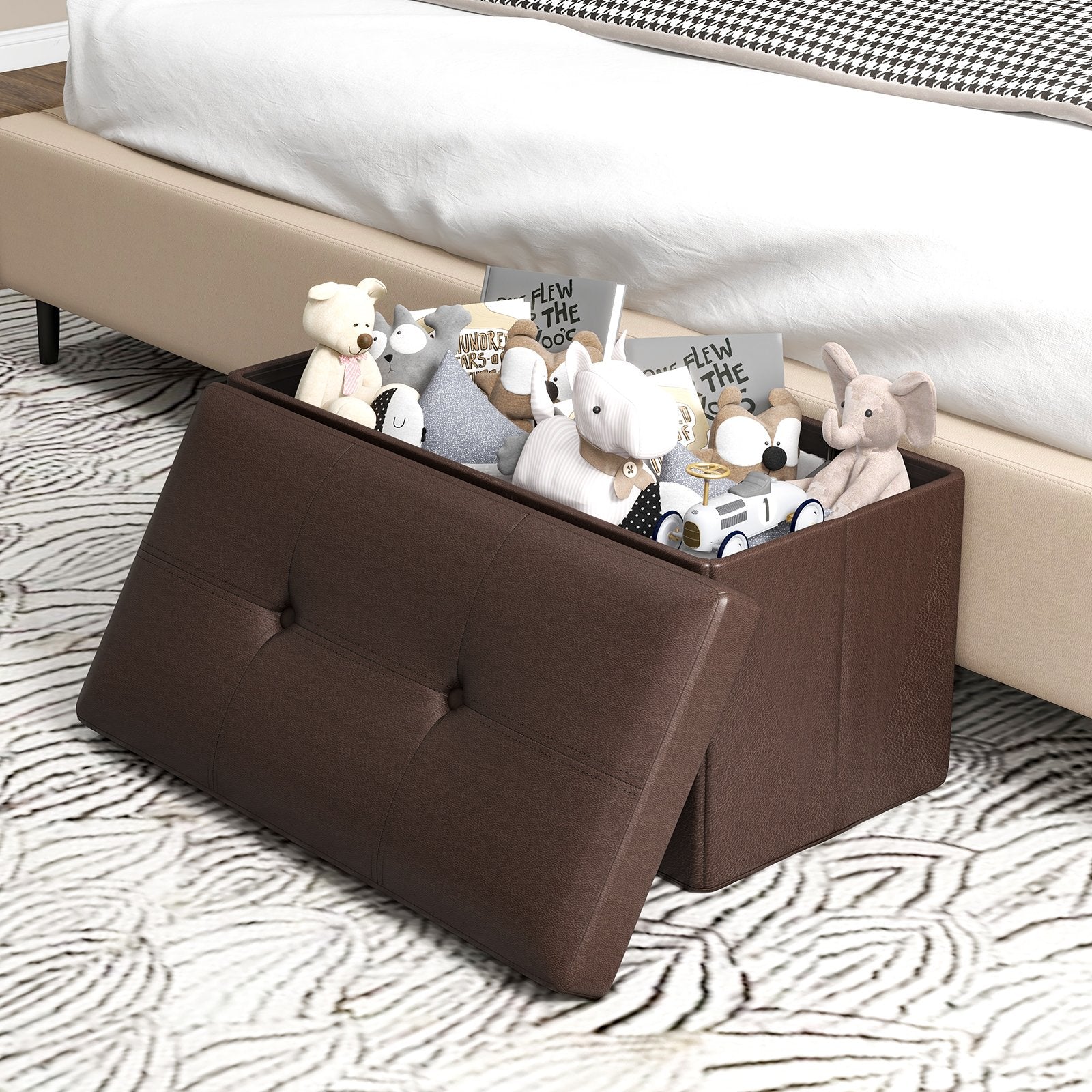 Upholstered Rectangle Footstool with PVC Leather Surface and Storage Function, Brown Shoe Racks & Storage Benches   at Gallery Canada