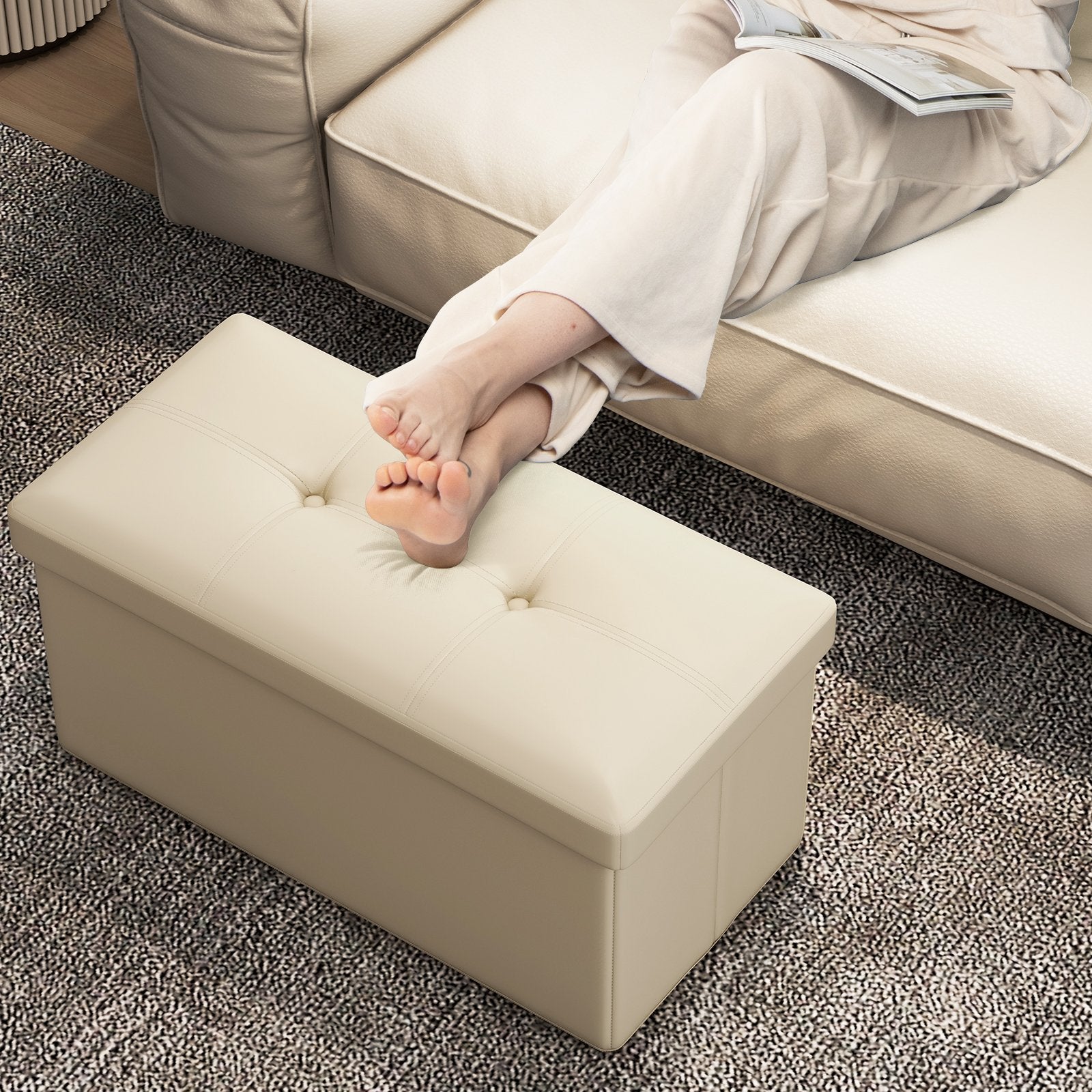 Upholstered Rectangle Footstool with PVC Leather Surface and Storage Function, White Shoe Racks & Storage Benches   at Gallery Canada