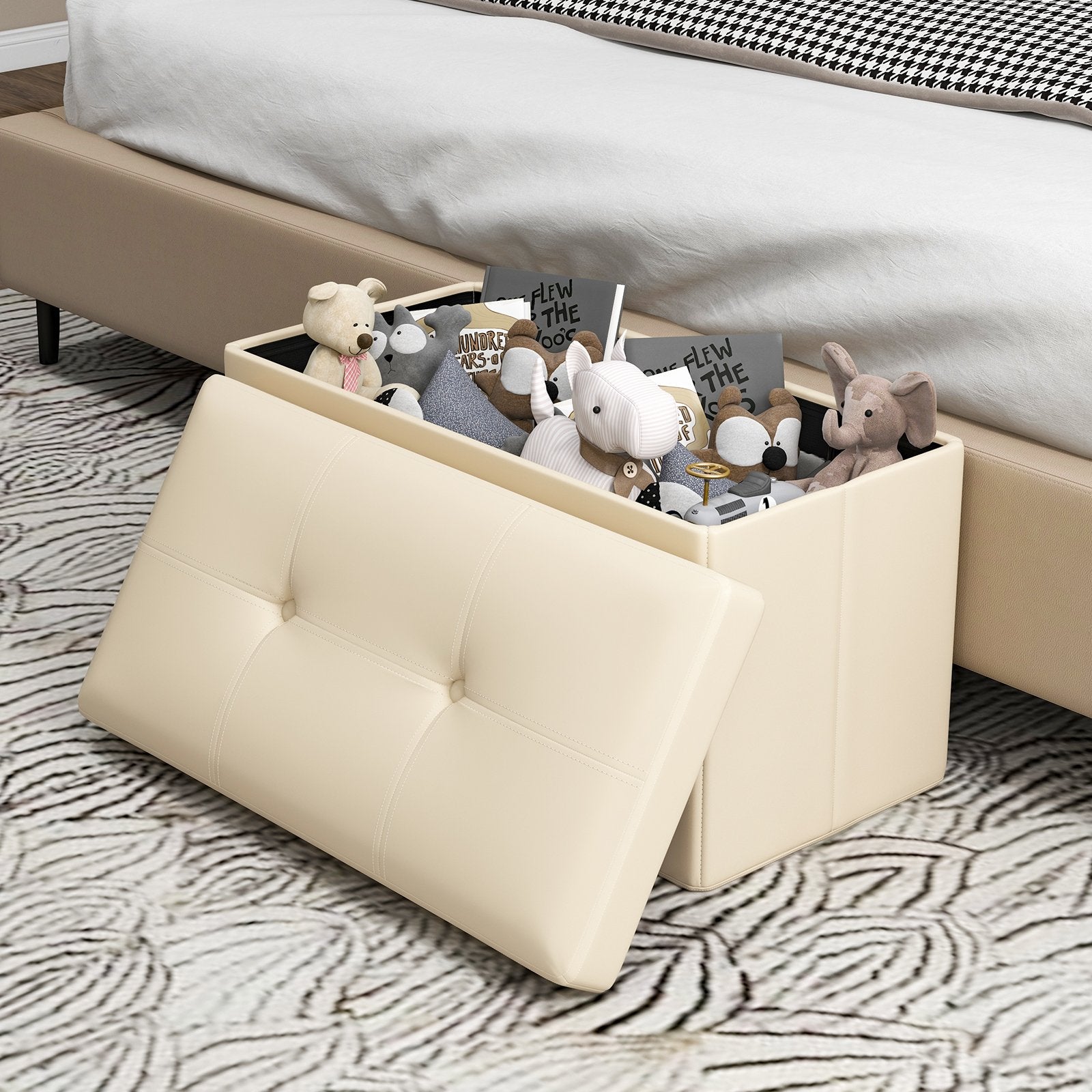 Upholstered Rectangle Footstool with PVC Leather Surface and Storage Function, White Shoe Racks & Storage Benches   at Gallery Canada