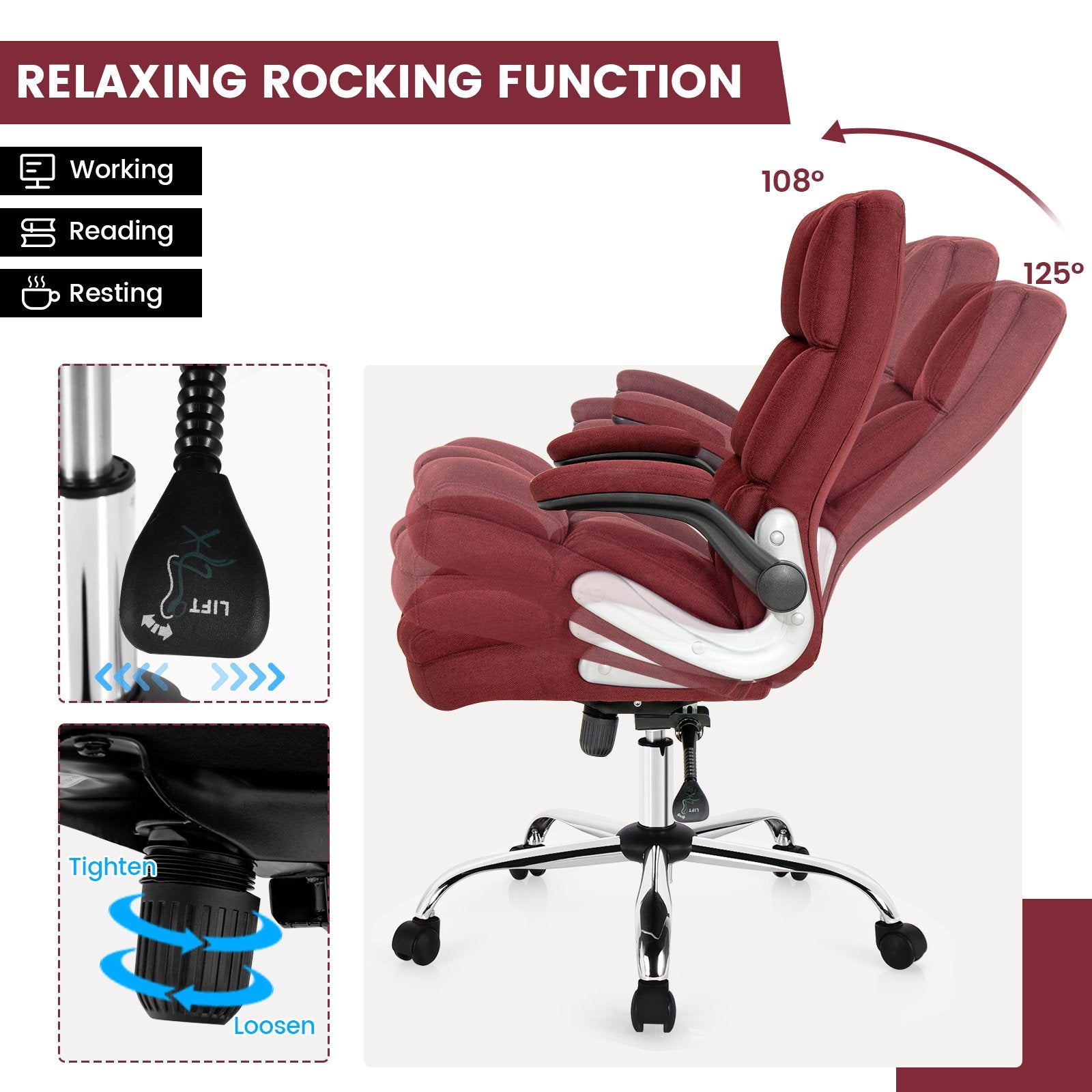 Adjustable Swivel Office Chair with High Back and Flip-up Arm for Home and Office, Red - Gallery Canada