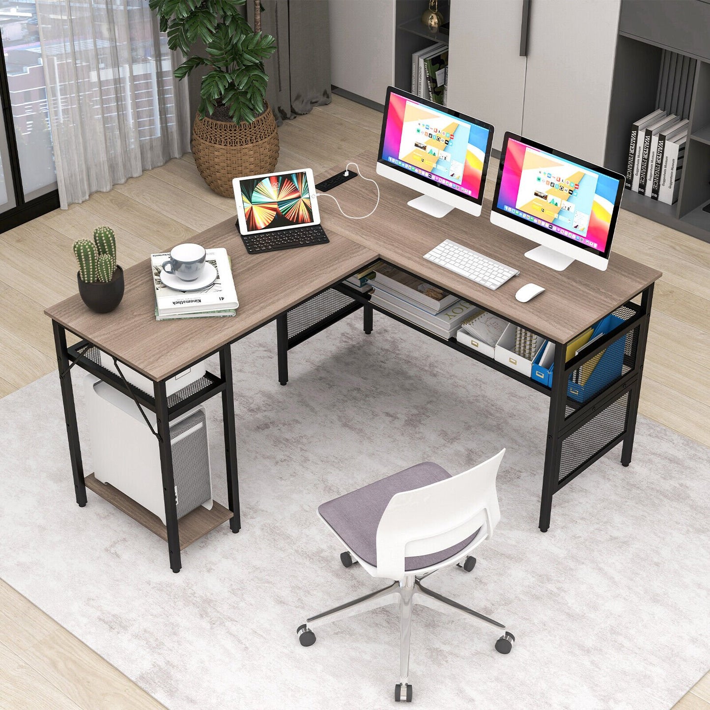 L-Shaped Computer Desk with Charging Station and Adjustable Shelf, Gray - Gallery Canada