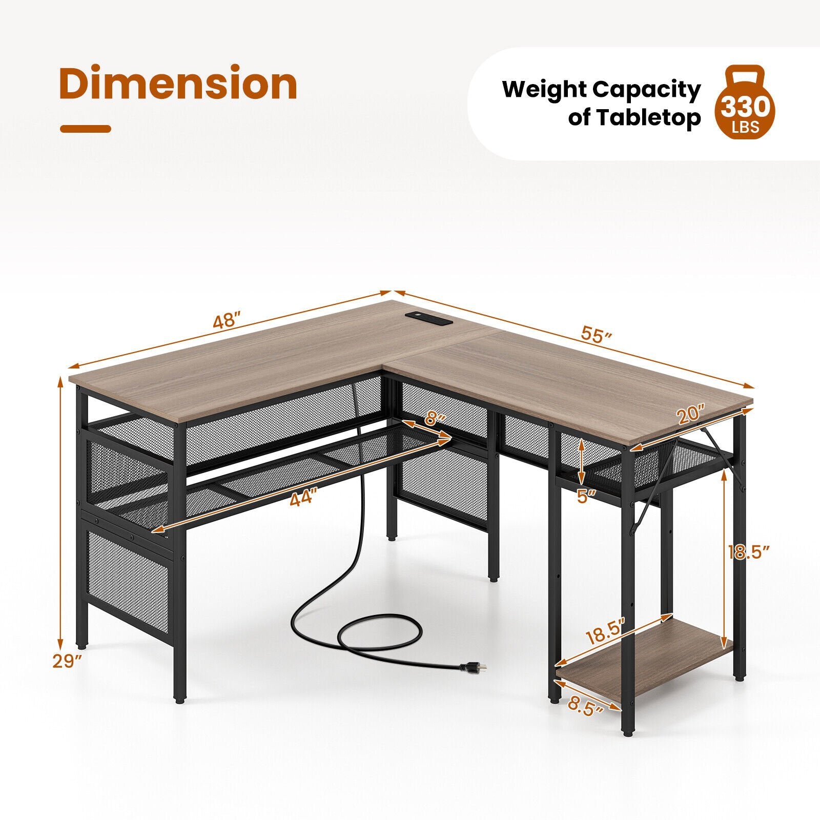 L-Shaped Computer Desk with Charging Station and Adjustable Shelf, Gray - Gallery Canada