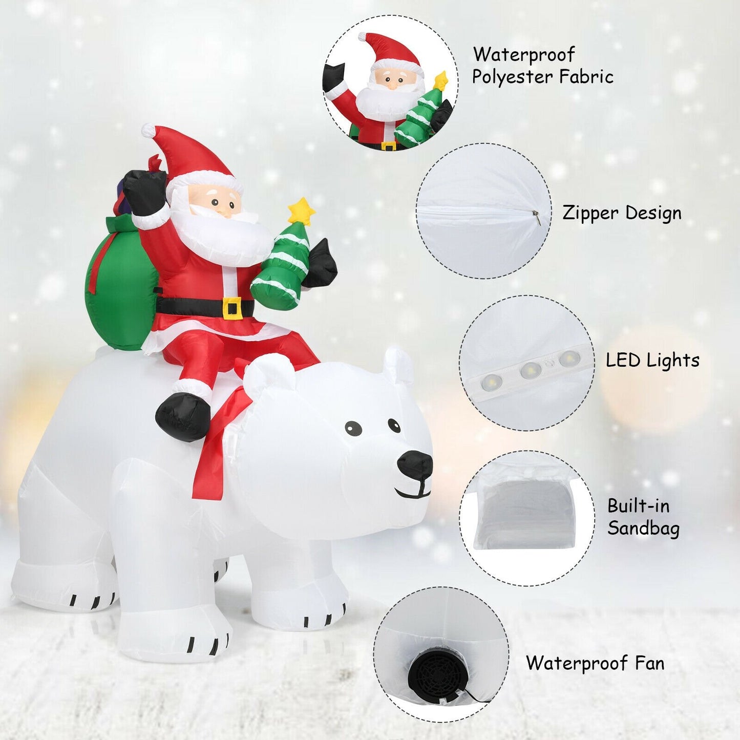 6.5 Feet Christmas Inflatable Santa Riding Polar Bear with Shaking Head LED Lights, White Christmas Inflatables   at Gallery Canada