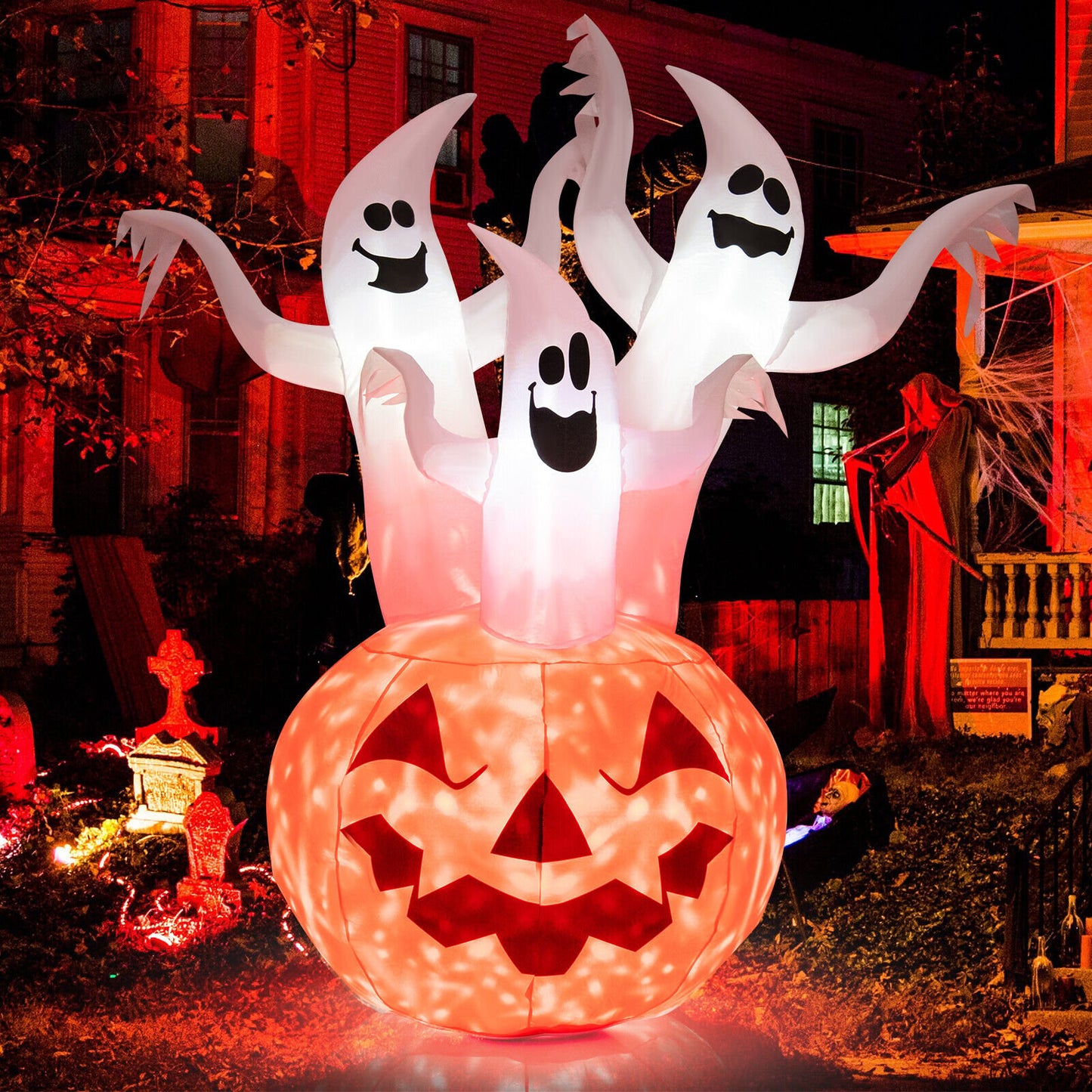 6 Feet Inflatable Halloween Ghosts with Pumpkin Decor and Rotating Lamp, Multicolor - Gallery Canada