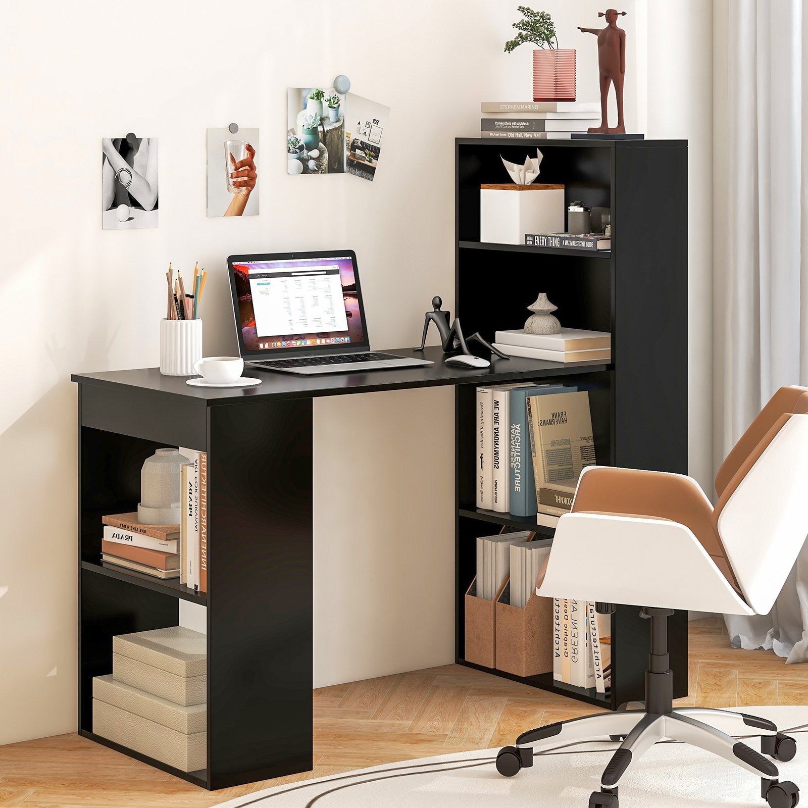 Computer Desk Writing Workstation Office with 6-Tier Storage Shelves, Black Computer Desks   at Gallery Canada