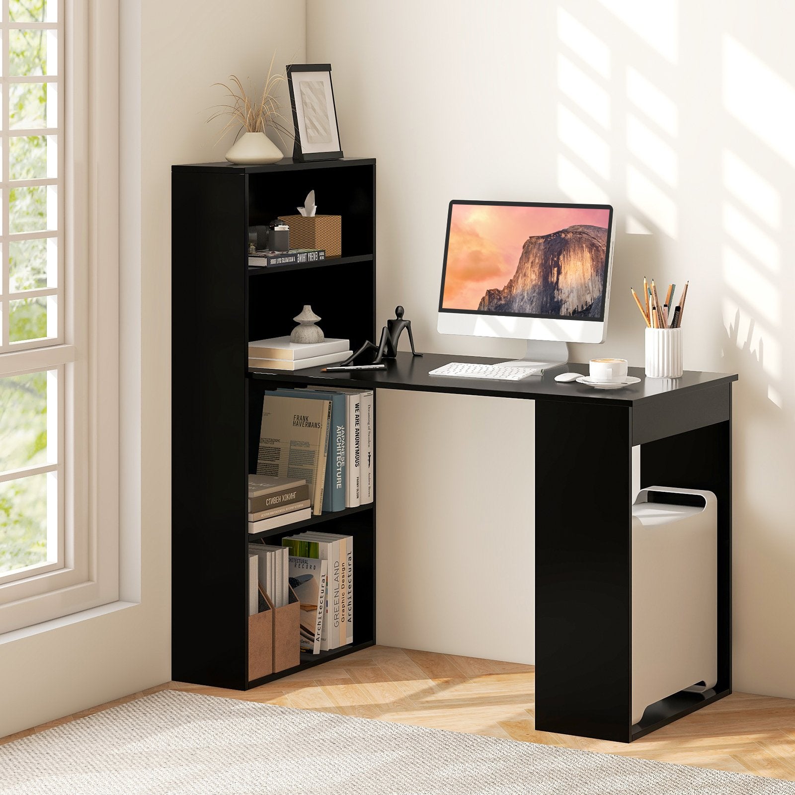 Computer Desk Writing Workstation Office with 6-Tier Storage Shelves, Black - Gallery Canada