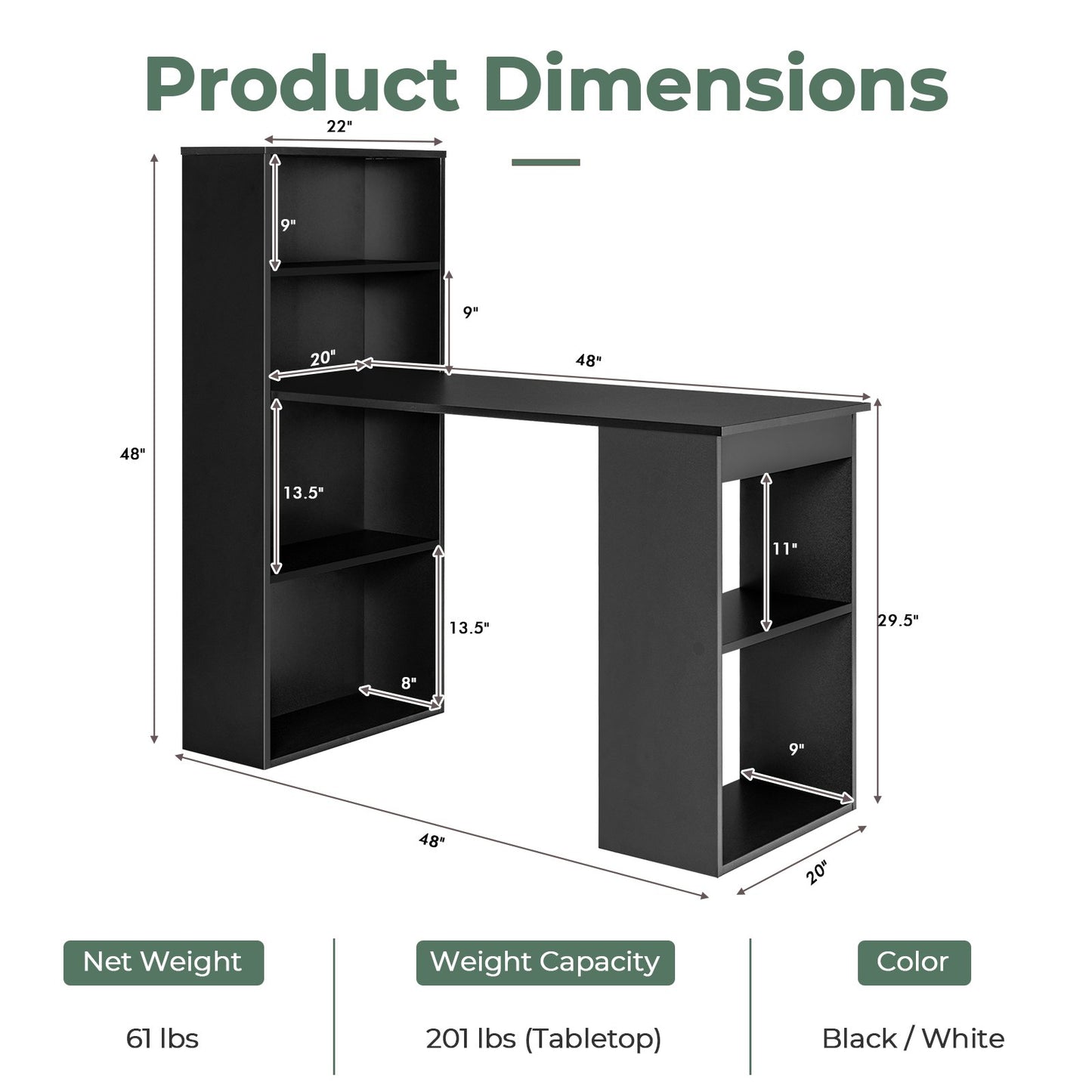 Computer Desk Writing Workstation Office with 6-Tier Storage Shelves, Black - Gallery Canada