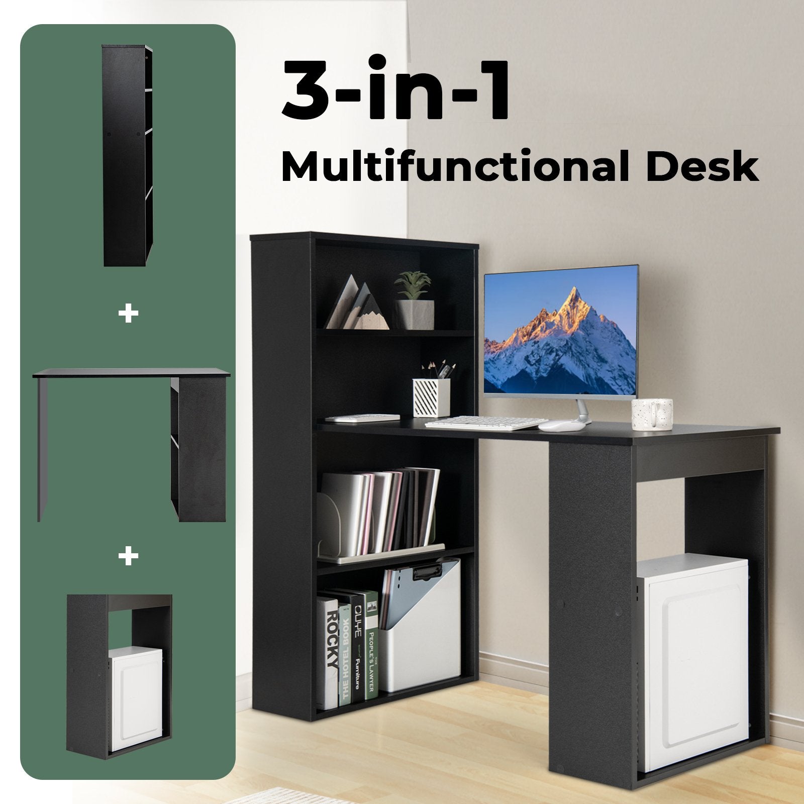 Computer Desk Writing Workstation Office with 6-Tier Storage Shelves, Black - Gallery Canada