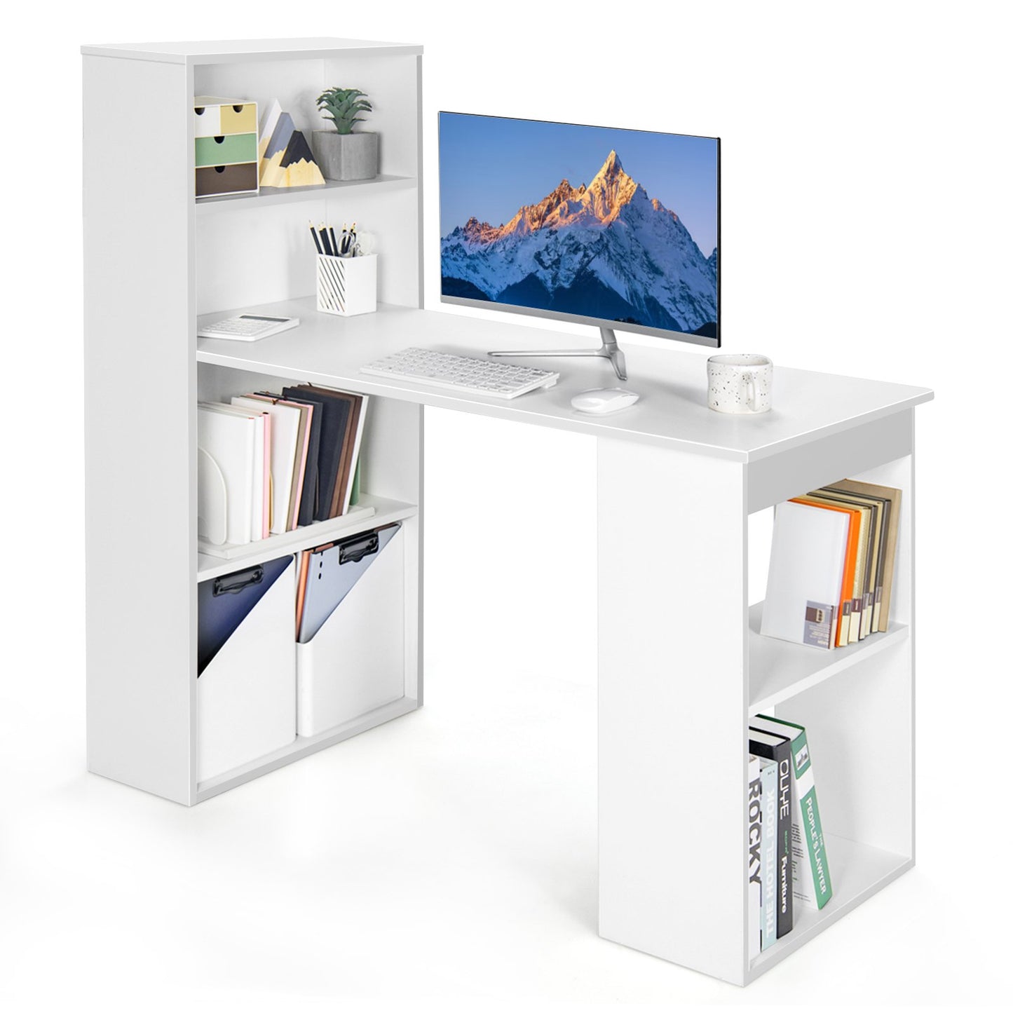 Computer Desk Writing Workstation Office with 6-Tier Storage Shelves, White - Gallery Canada