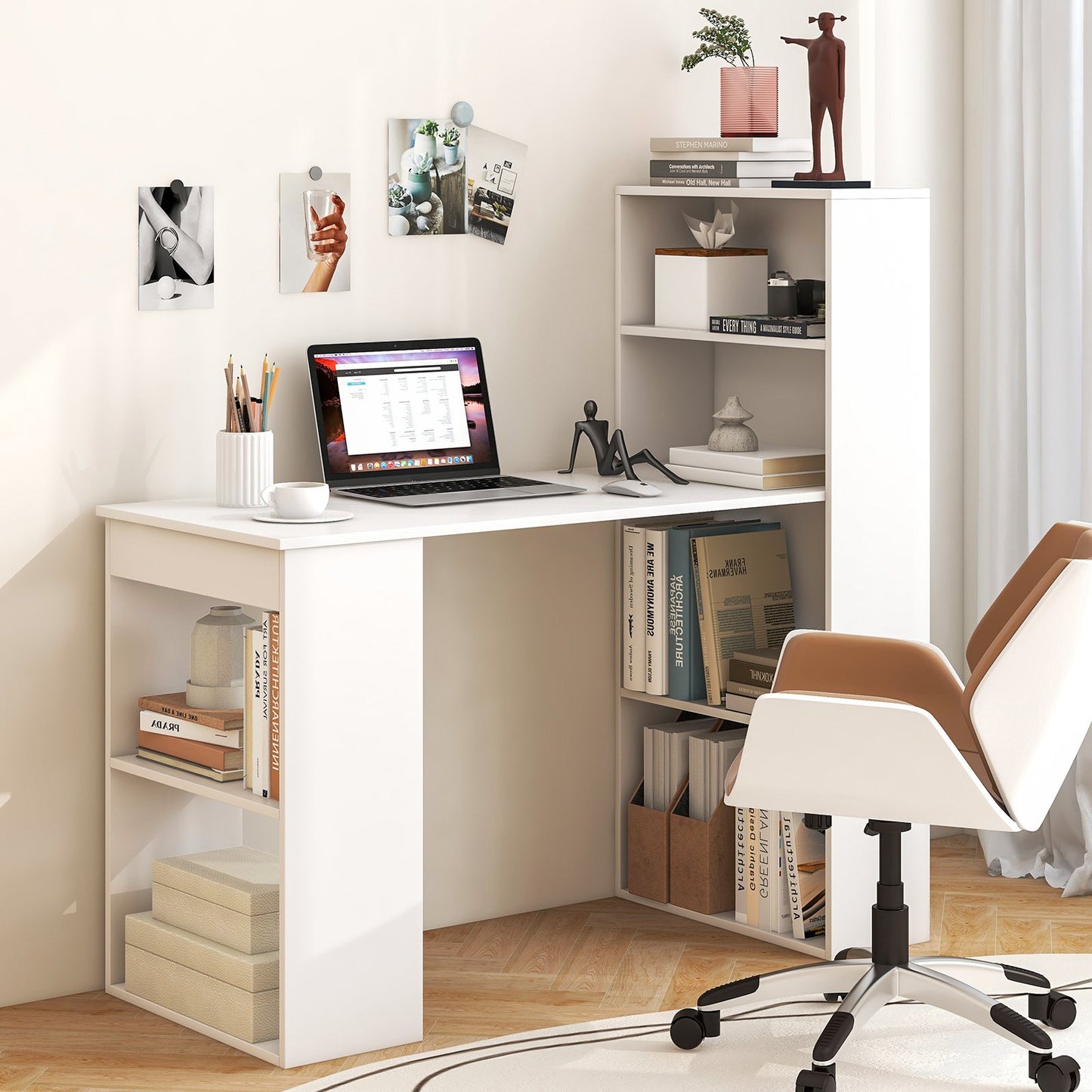 Computer Desk Writing Workstation Office with 6-Tier Storage Shelves, White Computer Desks   at Gallery Canada