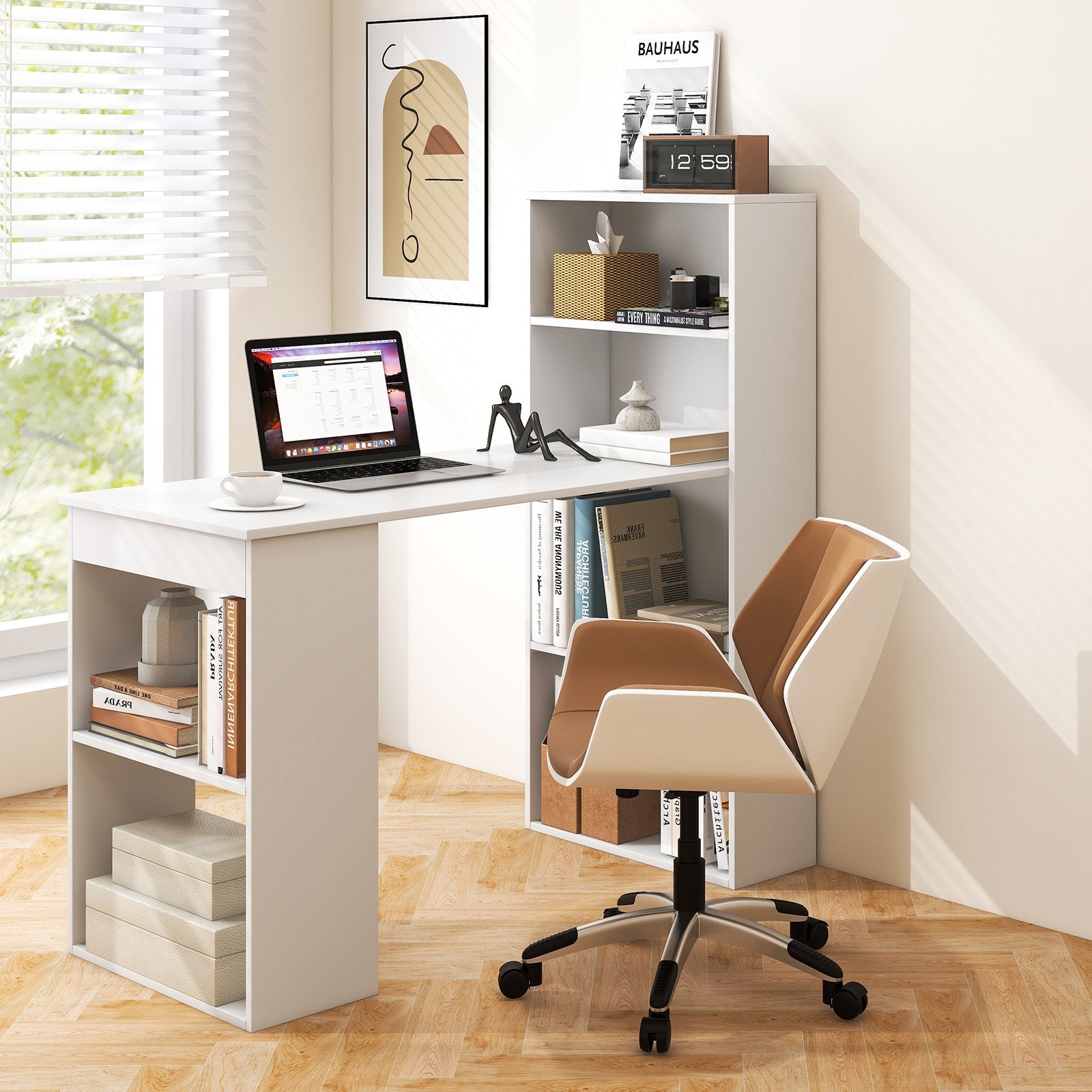 Computer Desk Writing Workstation Office with 6-Tier Storage Shelves, White Computer Desks   at Gallery Canada