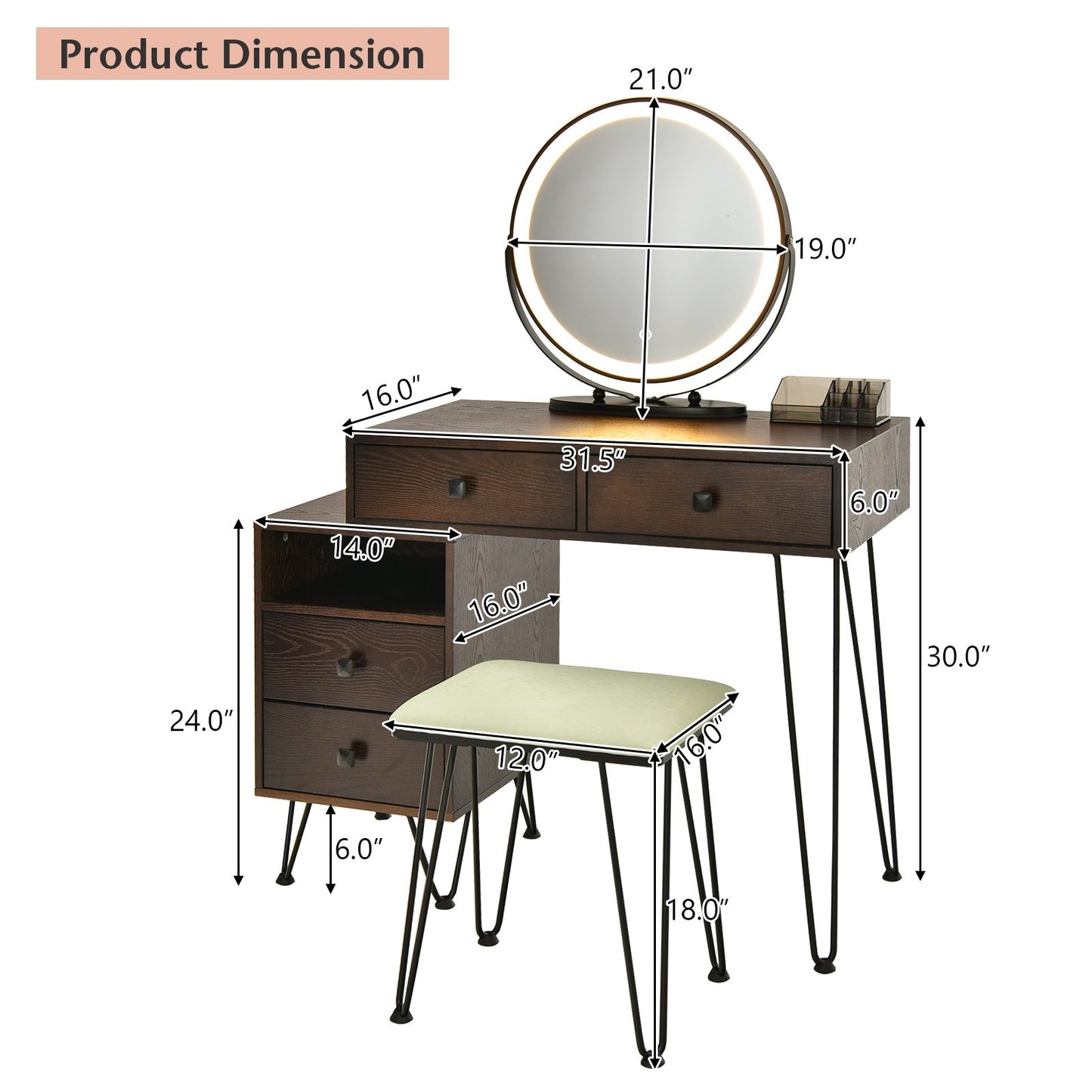 Modern Dressing Table with Storage Cabinet, Brown Makeup Vanities   at Gallery Canada