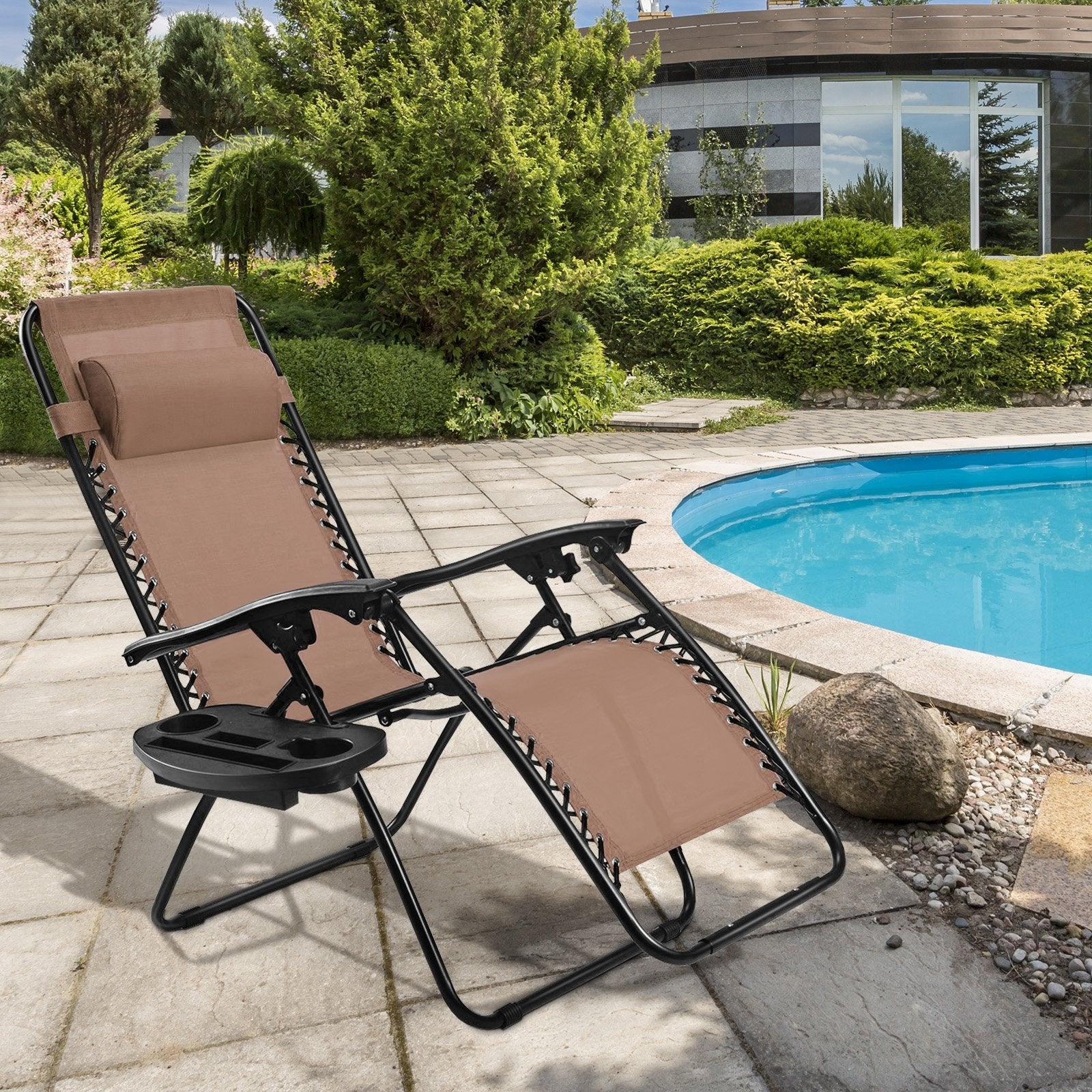 Outdoor Folding Zero Gravity Reclining Lounge Chair with Utility Tray, Brown Beach & Lawn Chairs at Gallery Canada