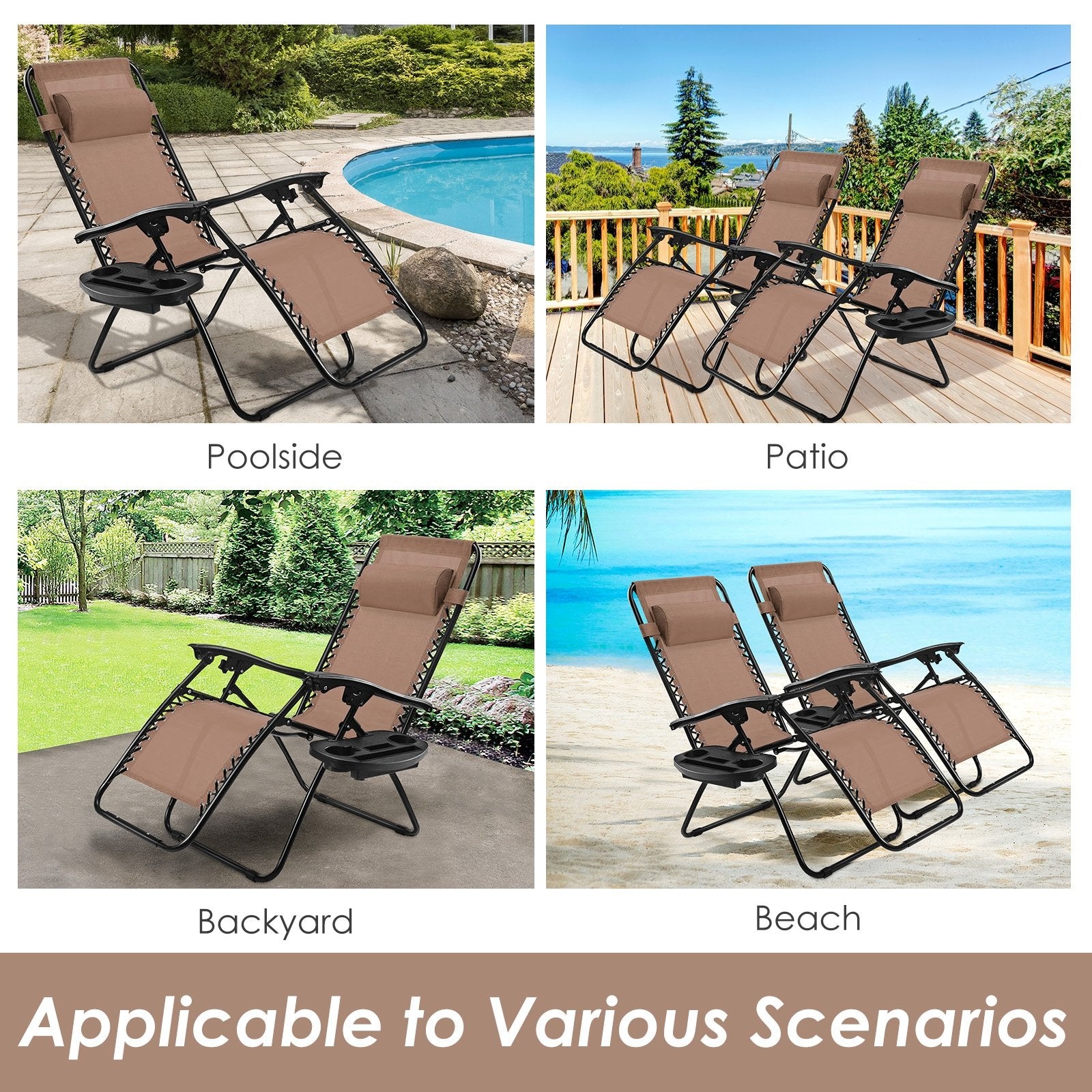 Outdoor Folding Zero Gravity Reclining Lounge Chair with Utility Tray, Brown Beach & Lawn Chairs at Gallery Canada