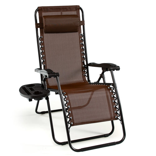 Outdoor Folding Zero Gravity Reclining Lounge Chair with Utility Tray, Brown