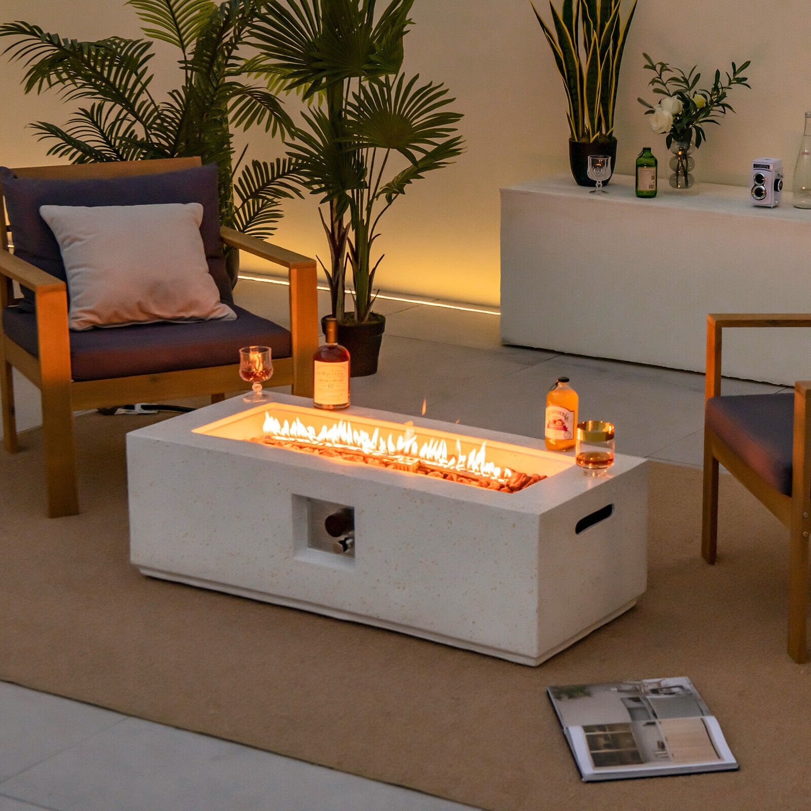 42 Inch 50 000 BTU Rectangle Terrazzo Fire Pit Table with PVC Cover, White Fire Pit Tables   at Gallery Canada