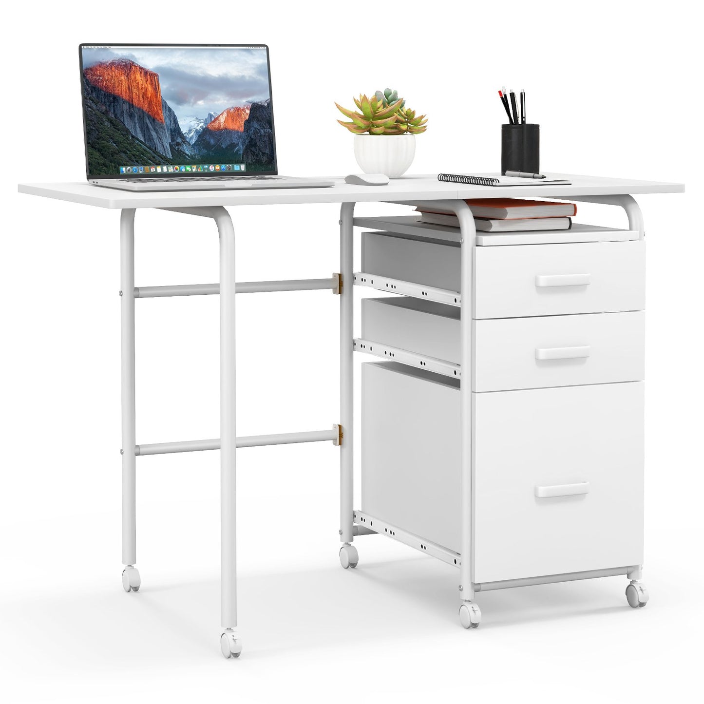 Home Office Folding Computer Laptop Desk Wheeled with 3 Drawers, White Writing Desks   at Gallery Canada