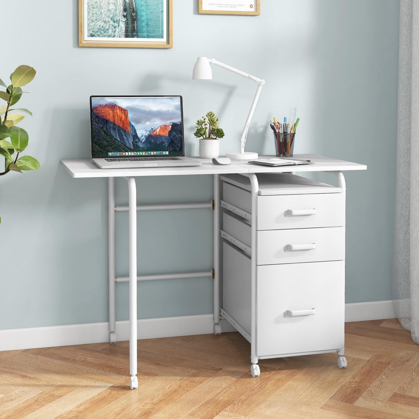 Home Office Folding Computer Laptop Desk Wheeled with 3 Drawers, White Writing Desks   at Gallery Canada