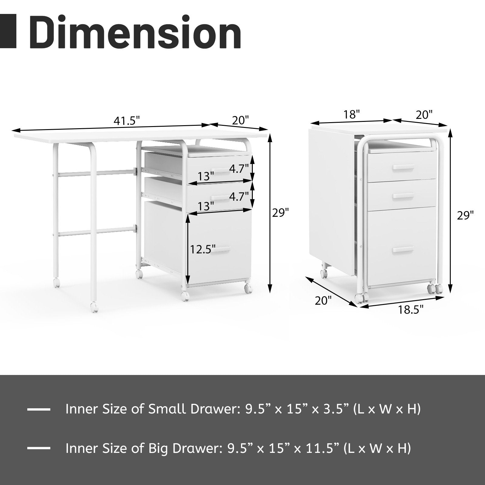 Home Office Folding Computer Laptop Desk Wheeled with 3 Drawers, White Writing Desks   at Gallery Canada