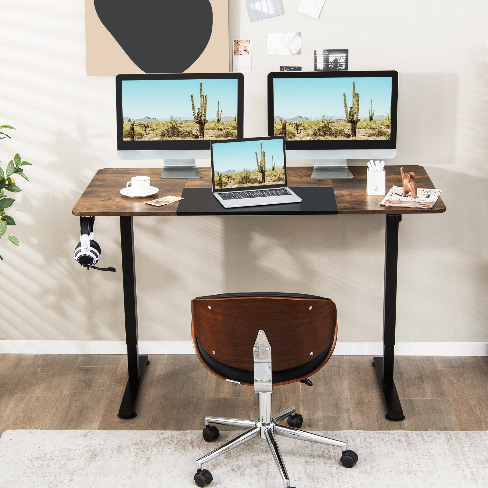 55 Inch Electric Height Adjustable Office Desk with Hook, Brown Standing Desks   at Gallery Canada