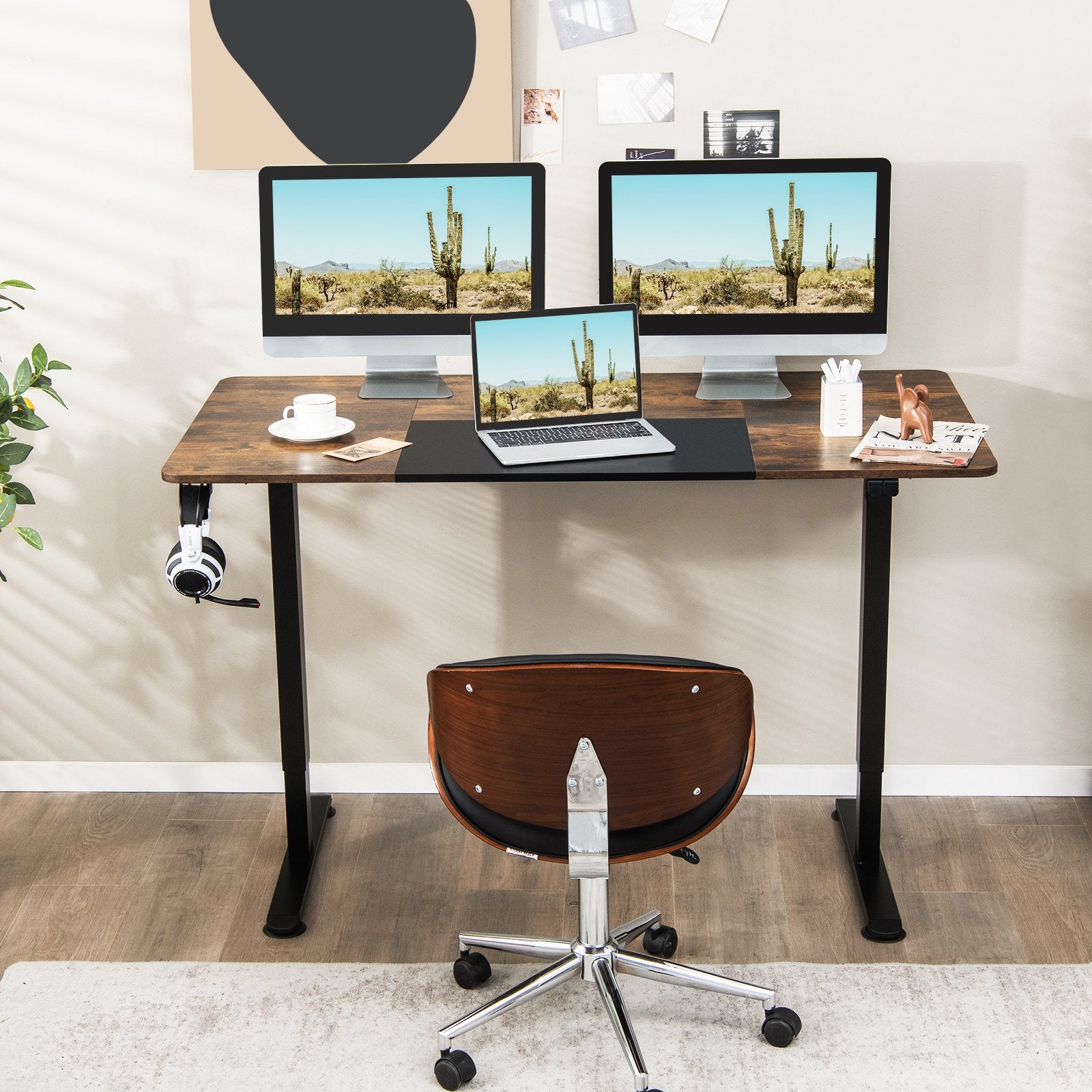 55 Inch Electric Height Adjustable Office Desk with Hook, Brown - Gallery Canada