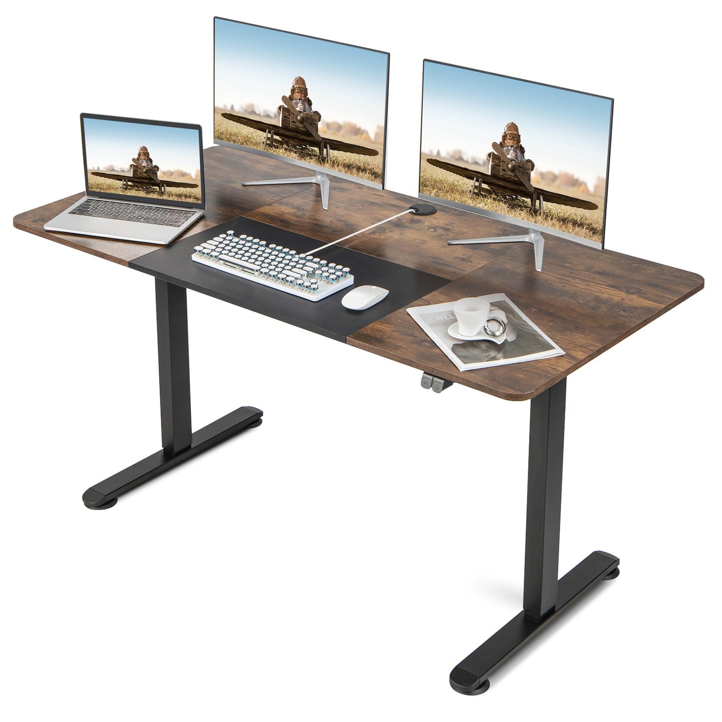 55 Inch Electric Height Adjustable Office Desk with Hook, Brown Standing Desks   at Gallery Canada