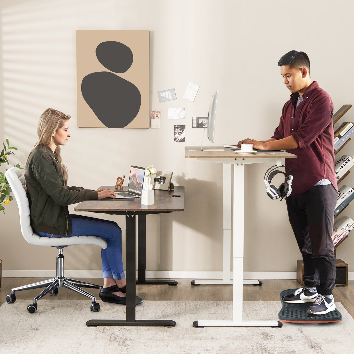 55 Inch Electric Height Adjustable Office Desk with Hook, Brown Standing Desks   at Gallery Canada