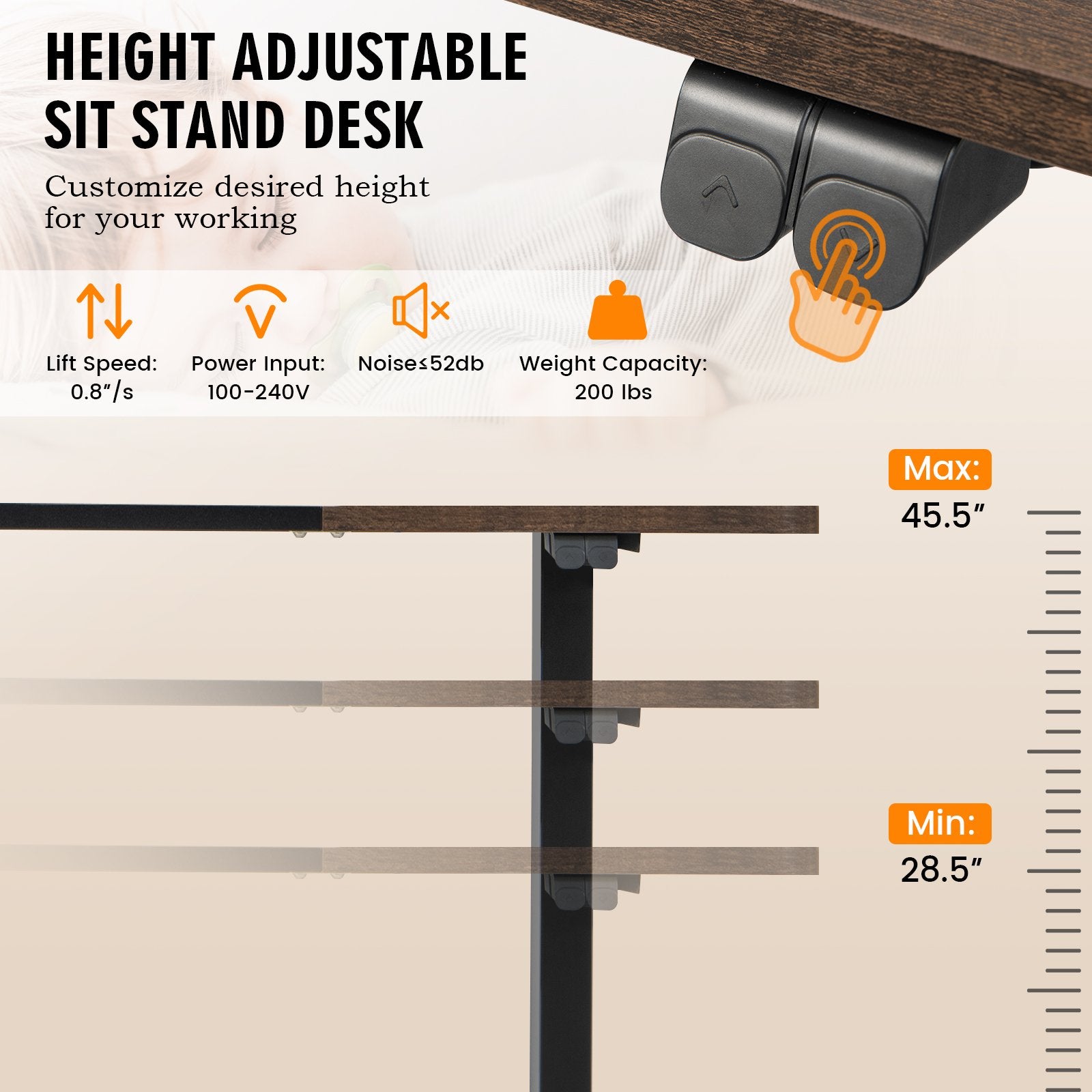 55 Inch Electric Height Adjustable Office Desk with Hook, Brown Standing Desks   at Gallery Canada