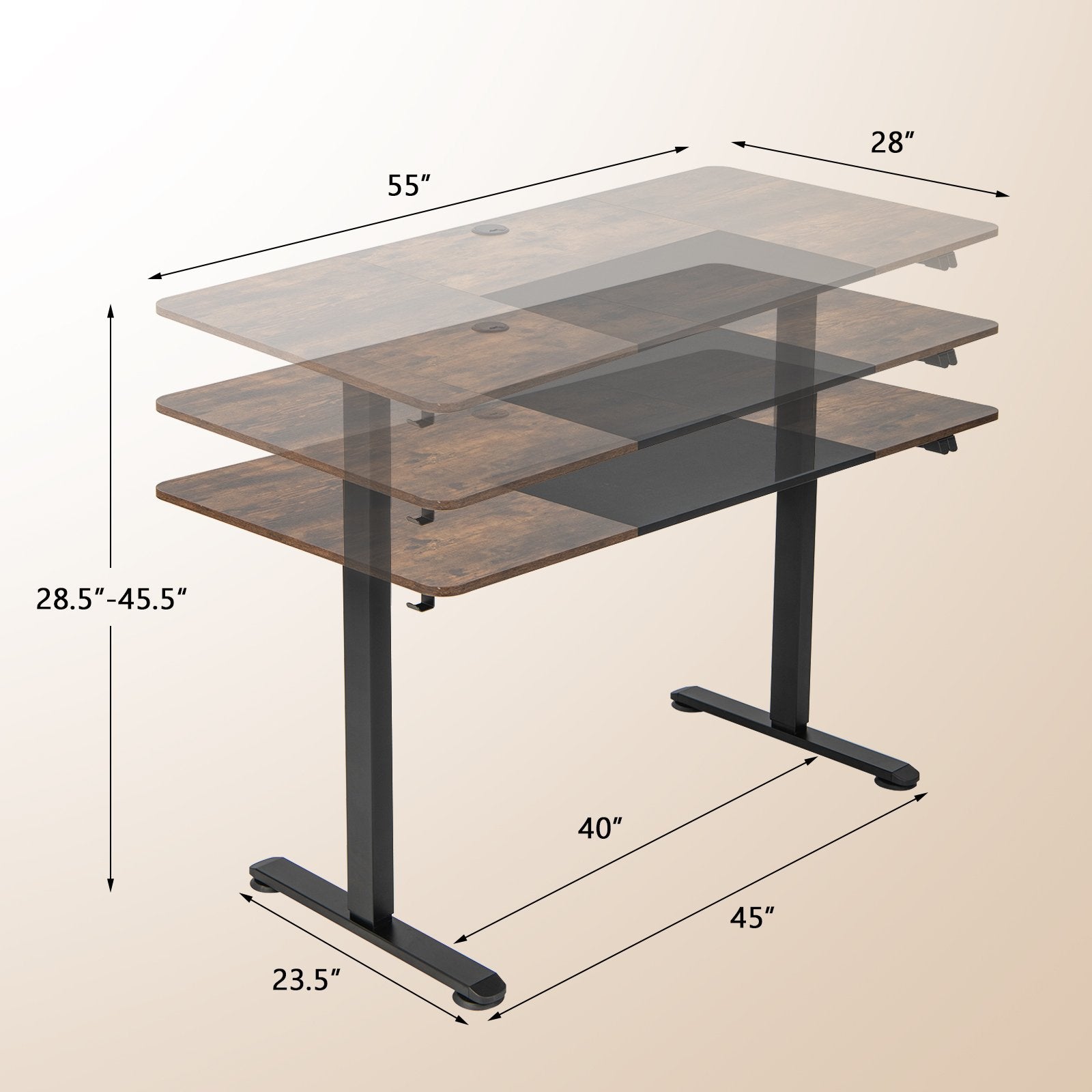 55 Inch Electric Height Adjustable Office Desk with Hook, Brown Standing Desks   at Gallery Canada