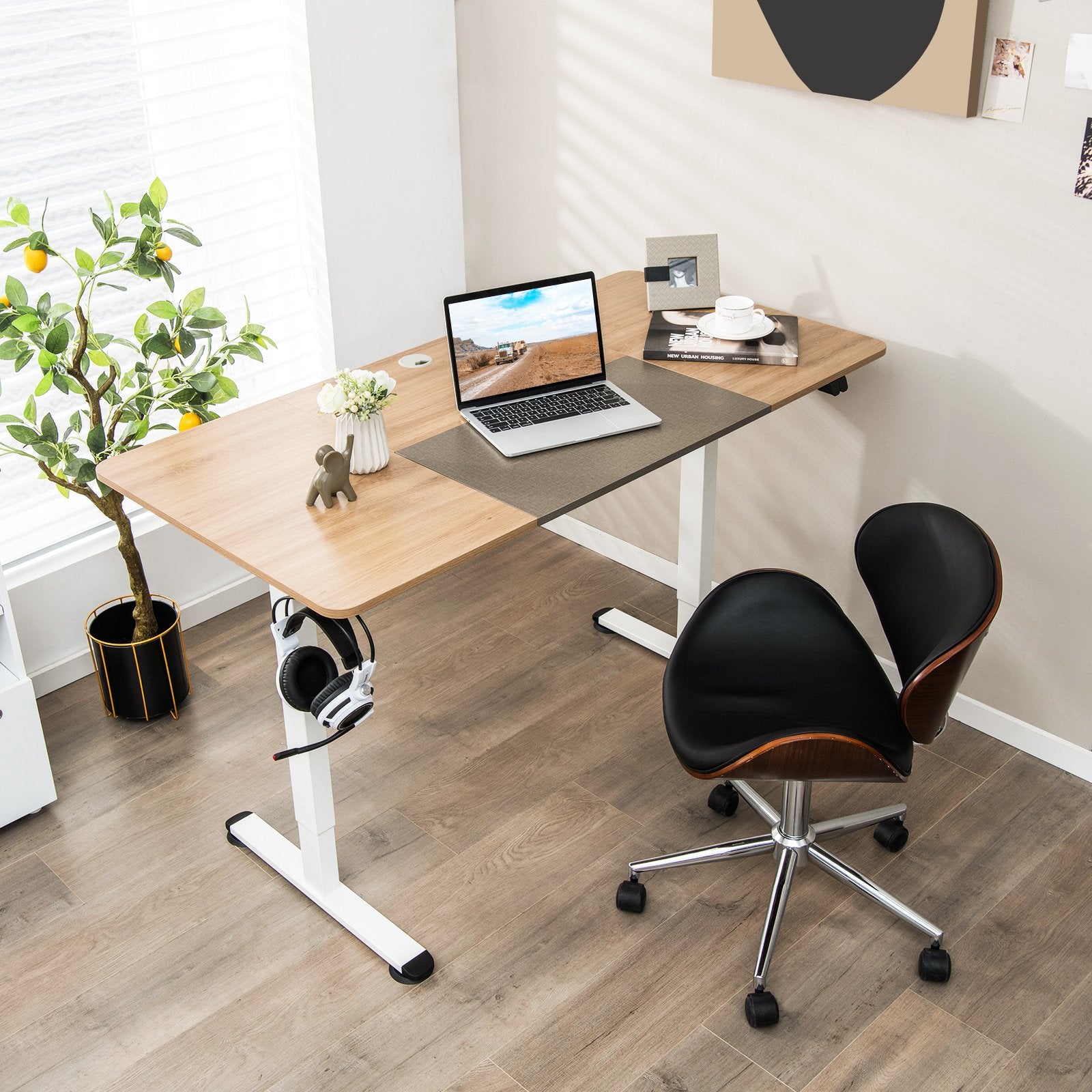 55 Inch Electric Height Adjustable Office Desk with Hook, Beige Standing Desks   at Gallery Canada