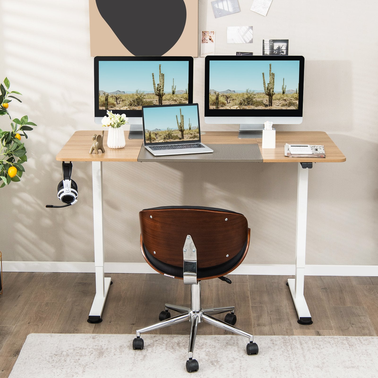 55 Inch Electric Height Adjustable Office Desk with Hook, Beige Standing Desks   at Gallery Canada