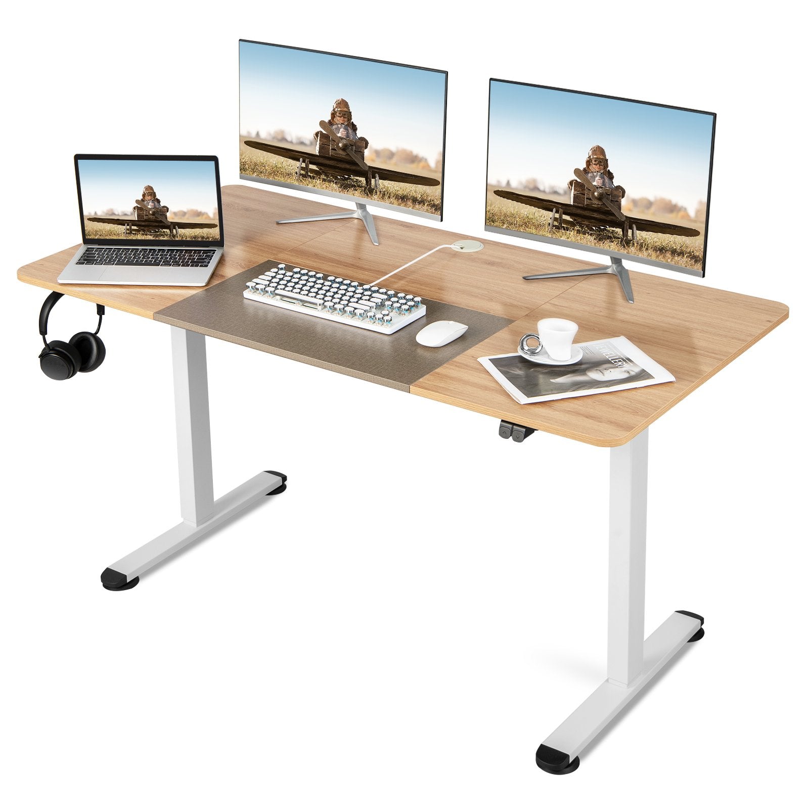 55 Inch Electric Height Adjustable Office Desk with Hook, Beige Standing Desks   at Gallery Canada