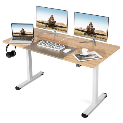 55 Inch Electric Height Adjustable Office Desk with Hook, Beige Standing Desks   at Gallery Canada