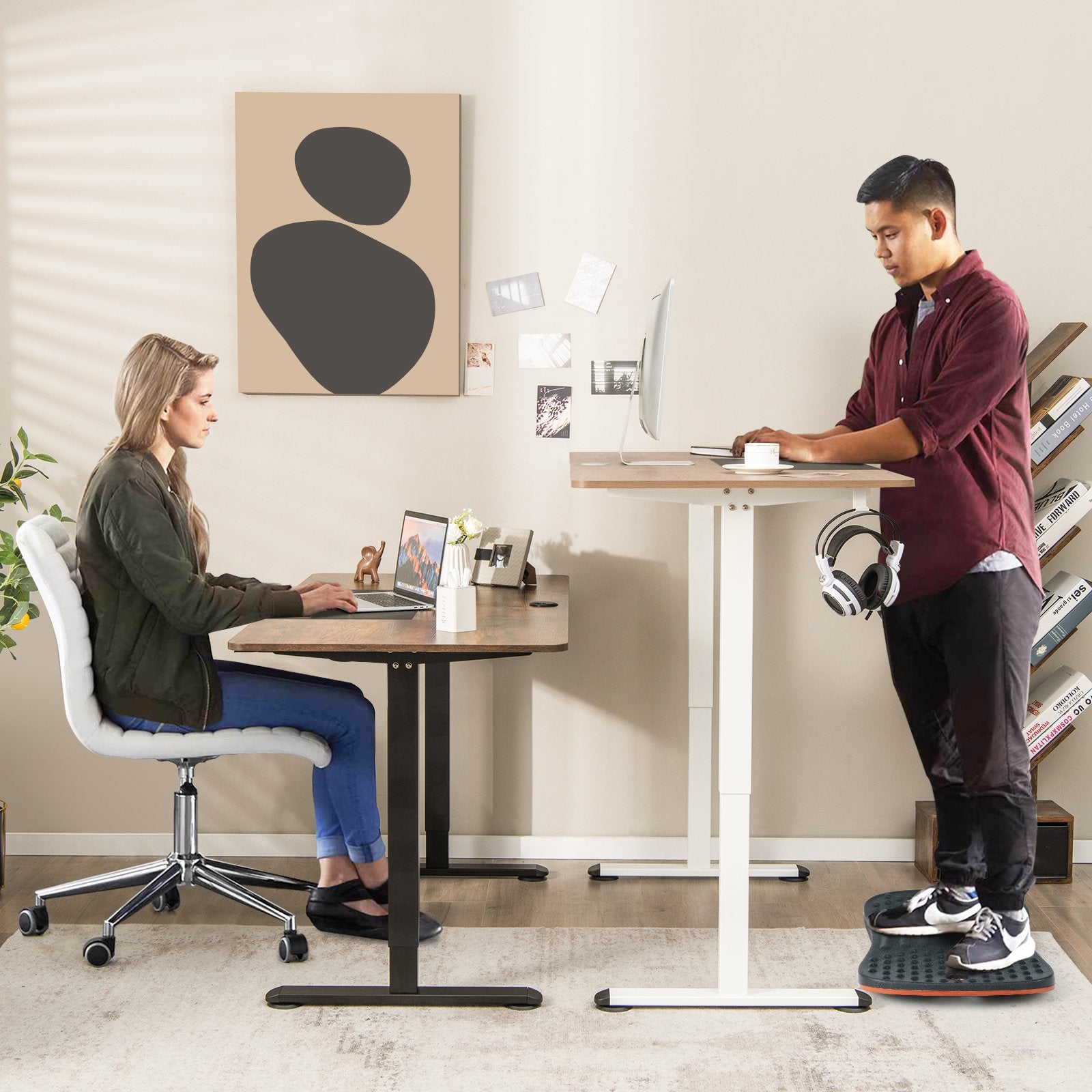 55 Inch Electric Height Adjustable Office Desk with Hook, Beige Standing Desks   at Gallery Canada