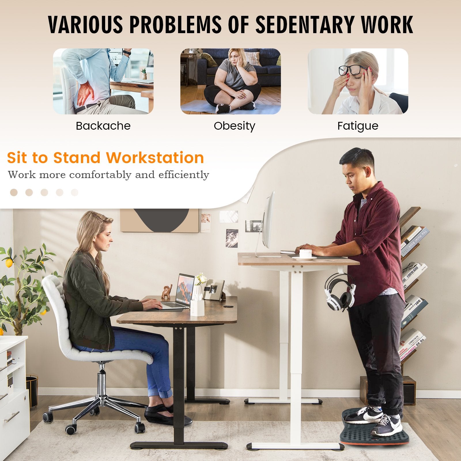 55 Inch Electric Height Adjustable Office Desk with Hook, Beige Standing Desks   at Gallery Canada