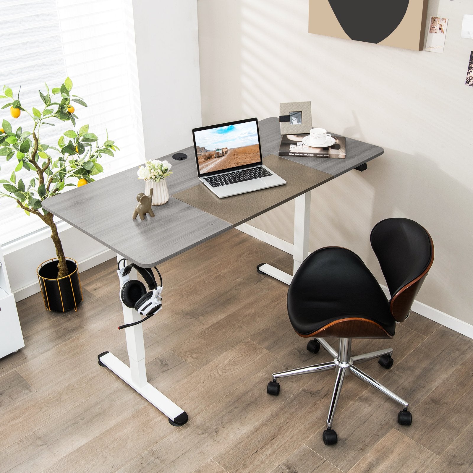 55 Inch Electric Height Adjustable Office Desk with Hook, Gray Standing Desks   at Gallery Canada