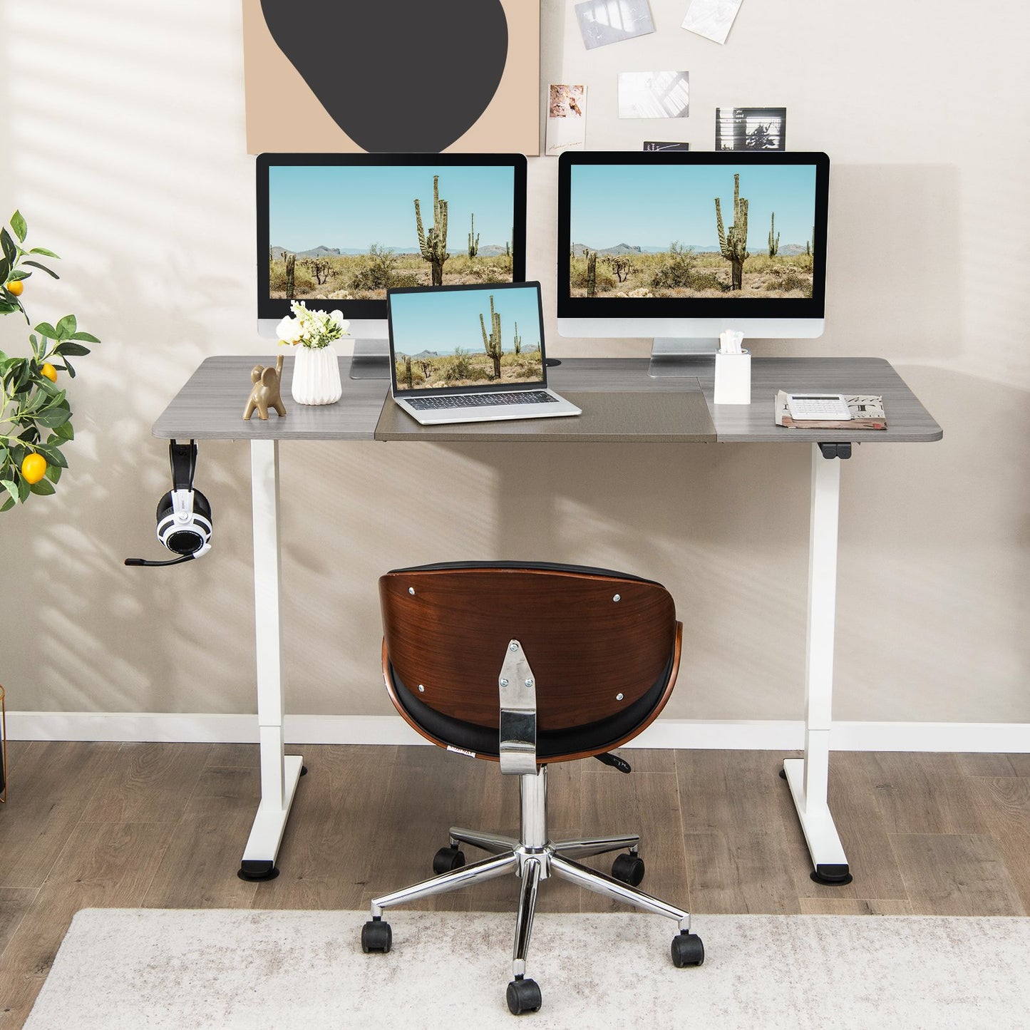 55 Inch Electric Height Adjustable Office Desk with Hook, Gray Standing Desks   at Gallery Canada