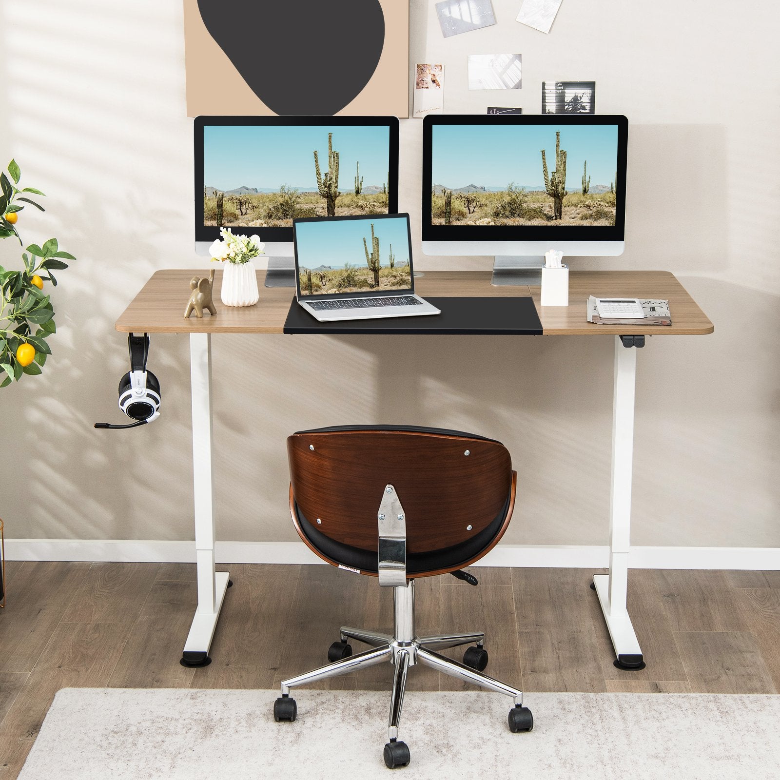 55 Inch Electric Height Adjustable Office Desk with Hook, Natural Standing Desks   at Gallery Canada