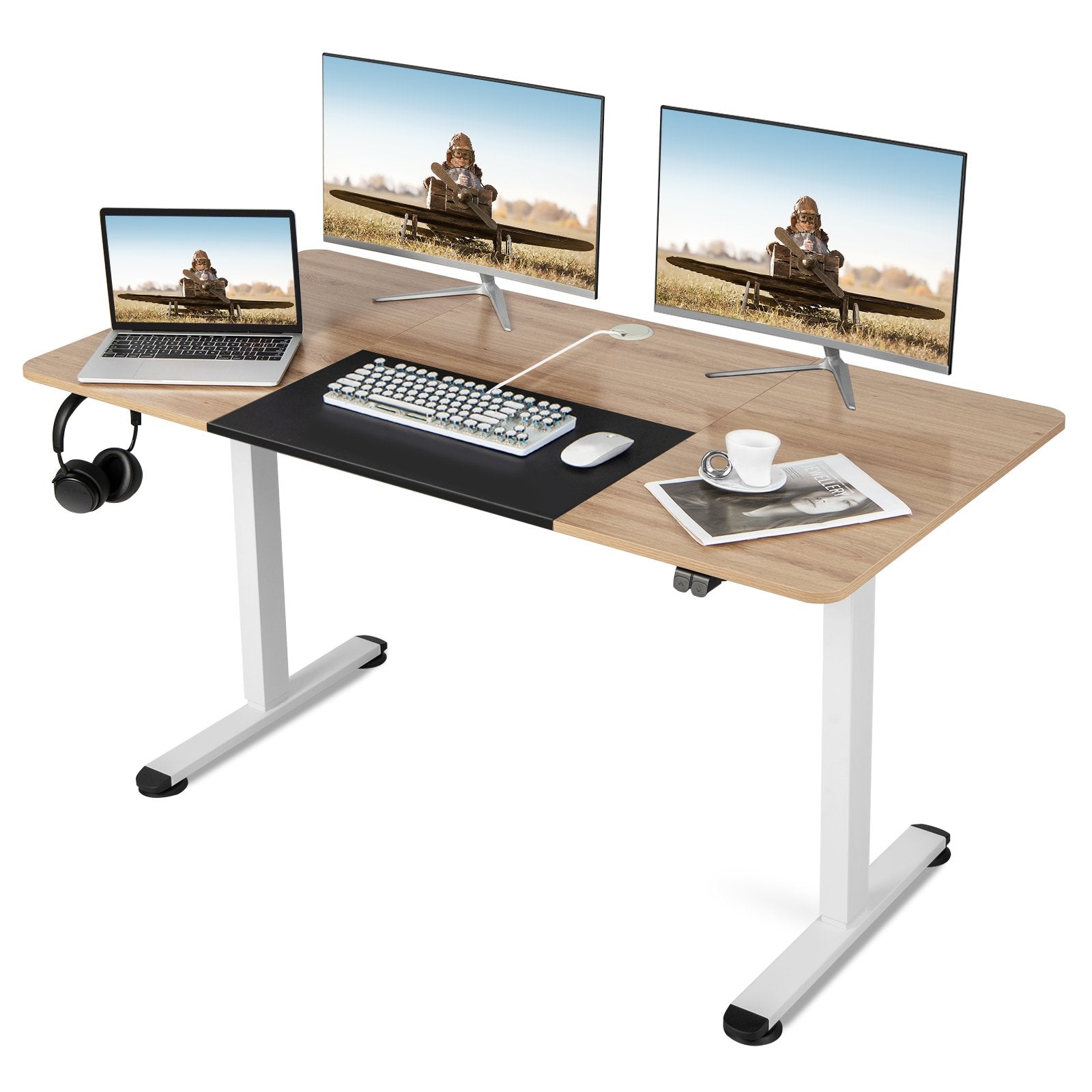 55 Inch Electric Height Adjustable Office Desk with Hook, Natural Standing Desks   at Gallery Canada