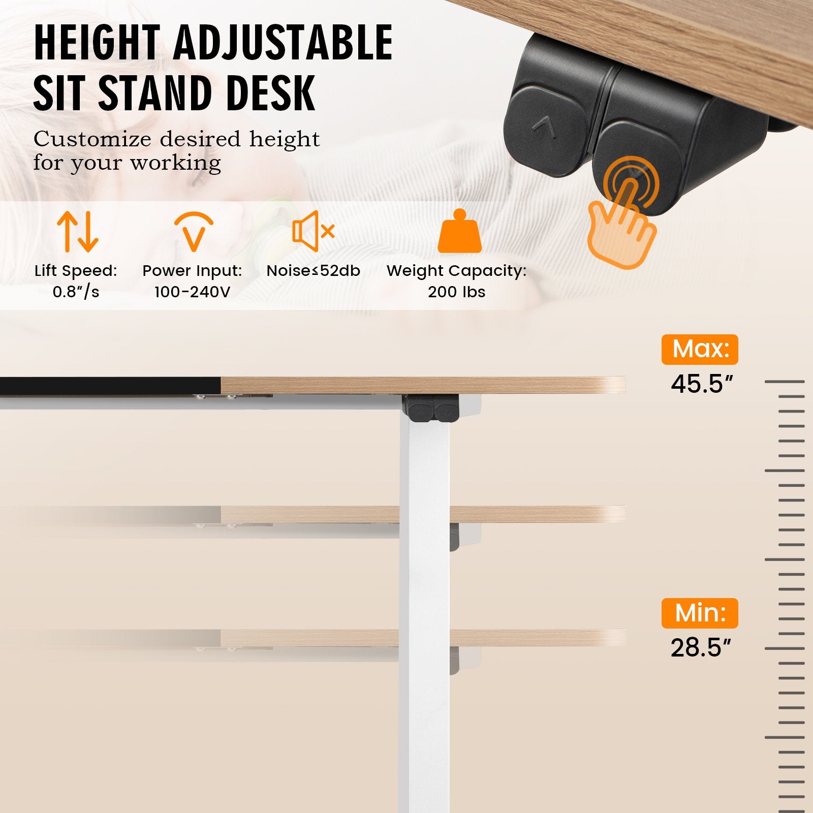 55 Inch Electric Height Adjustable Office Desk with Hook, Natural Standing Desks   at Gallery Canada