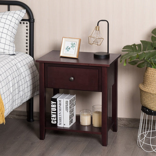 Nightstand with Drawer and Storage Shelf for Bedroom Living Room, Brown Nightstands   at Gallery Canada